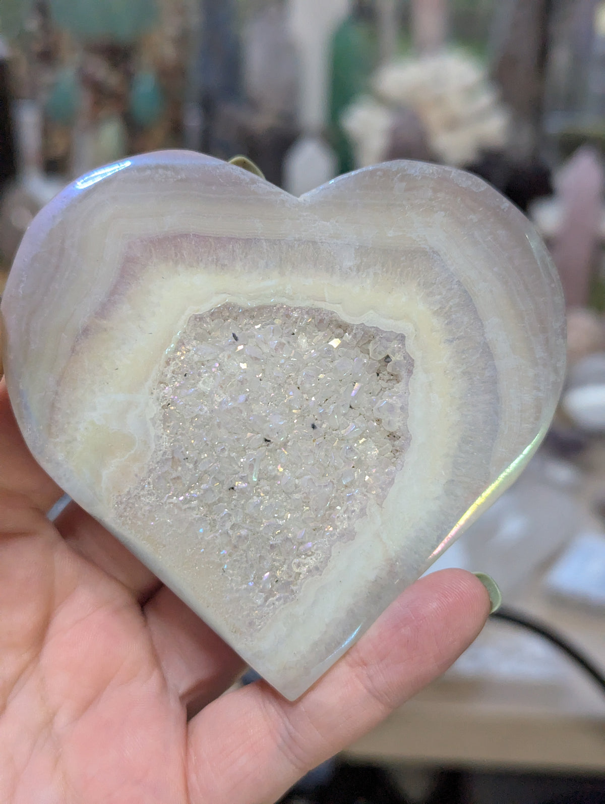 Aura agate crystal heart carving with Stand