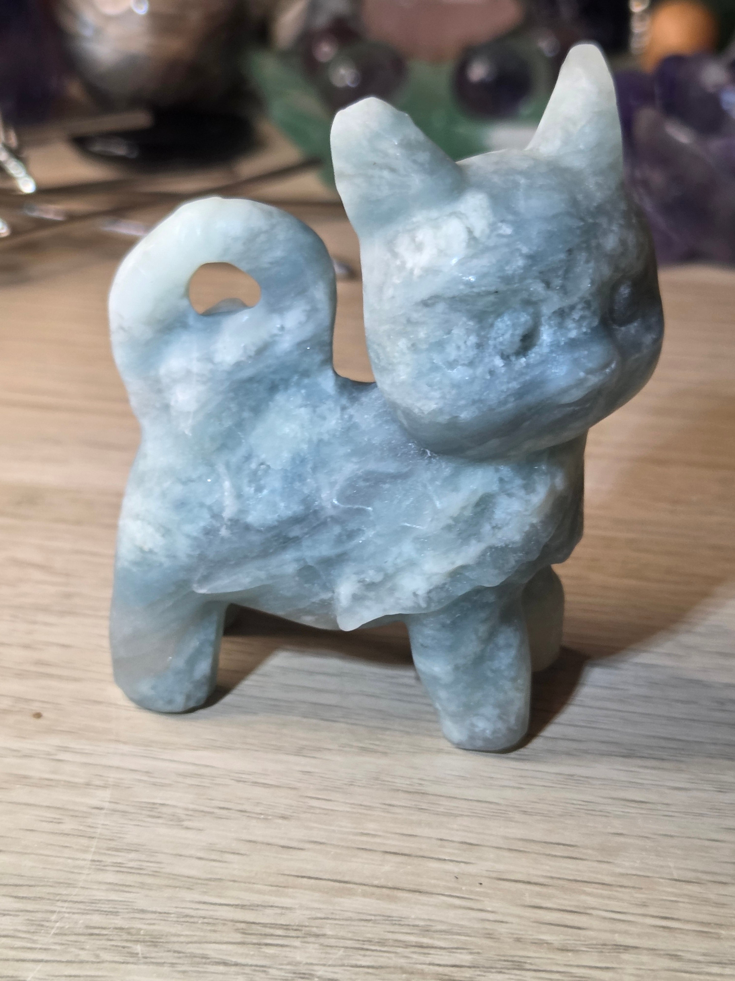 Blue jade crystal cat carving