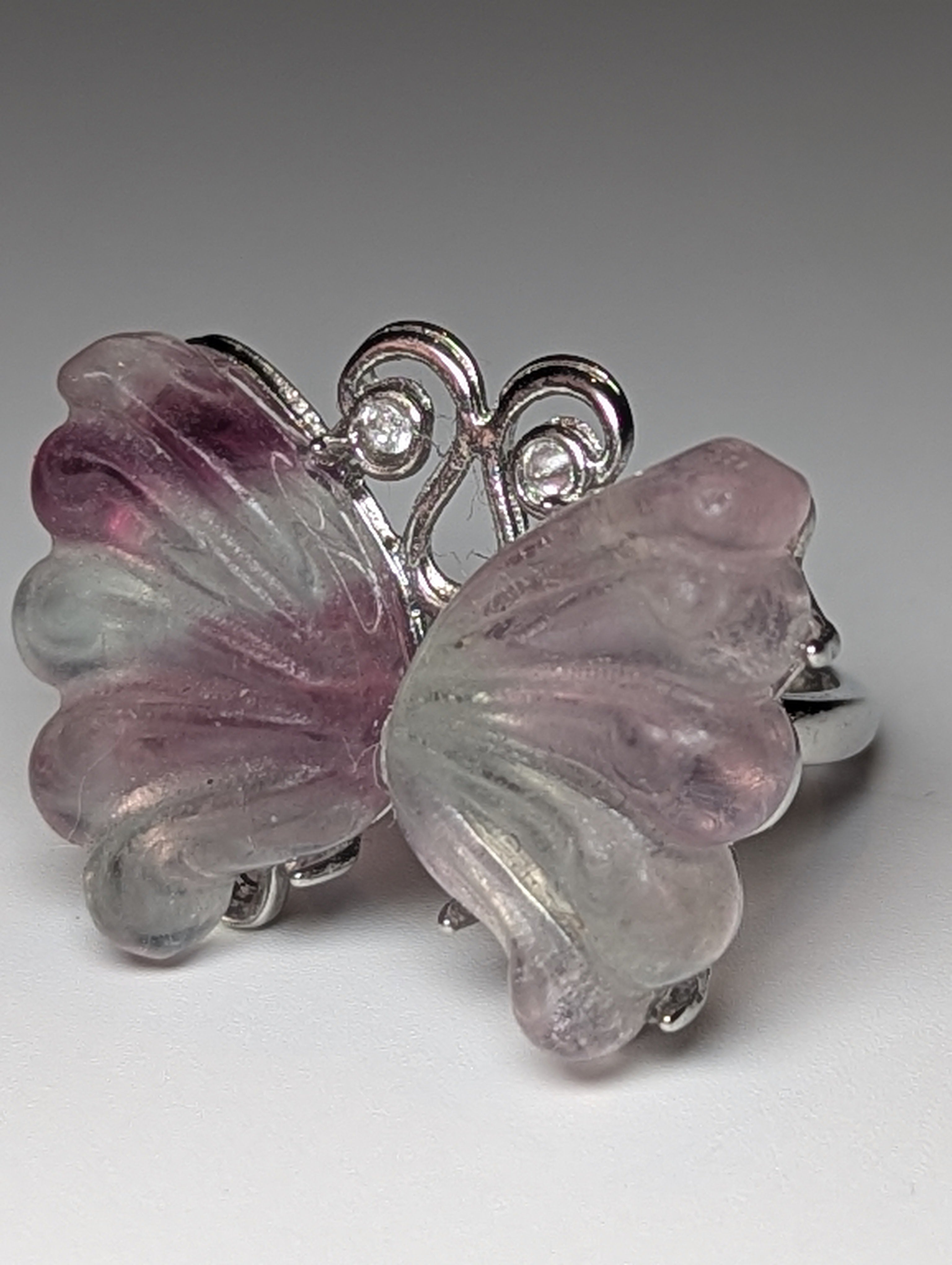 Flourite crystal butterfly carving Adjustable ring