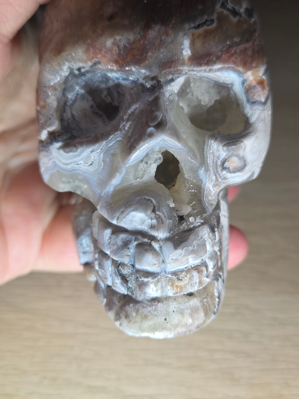 Mexican crazy agate crystal Skull  with open Duzy carving