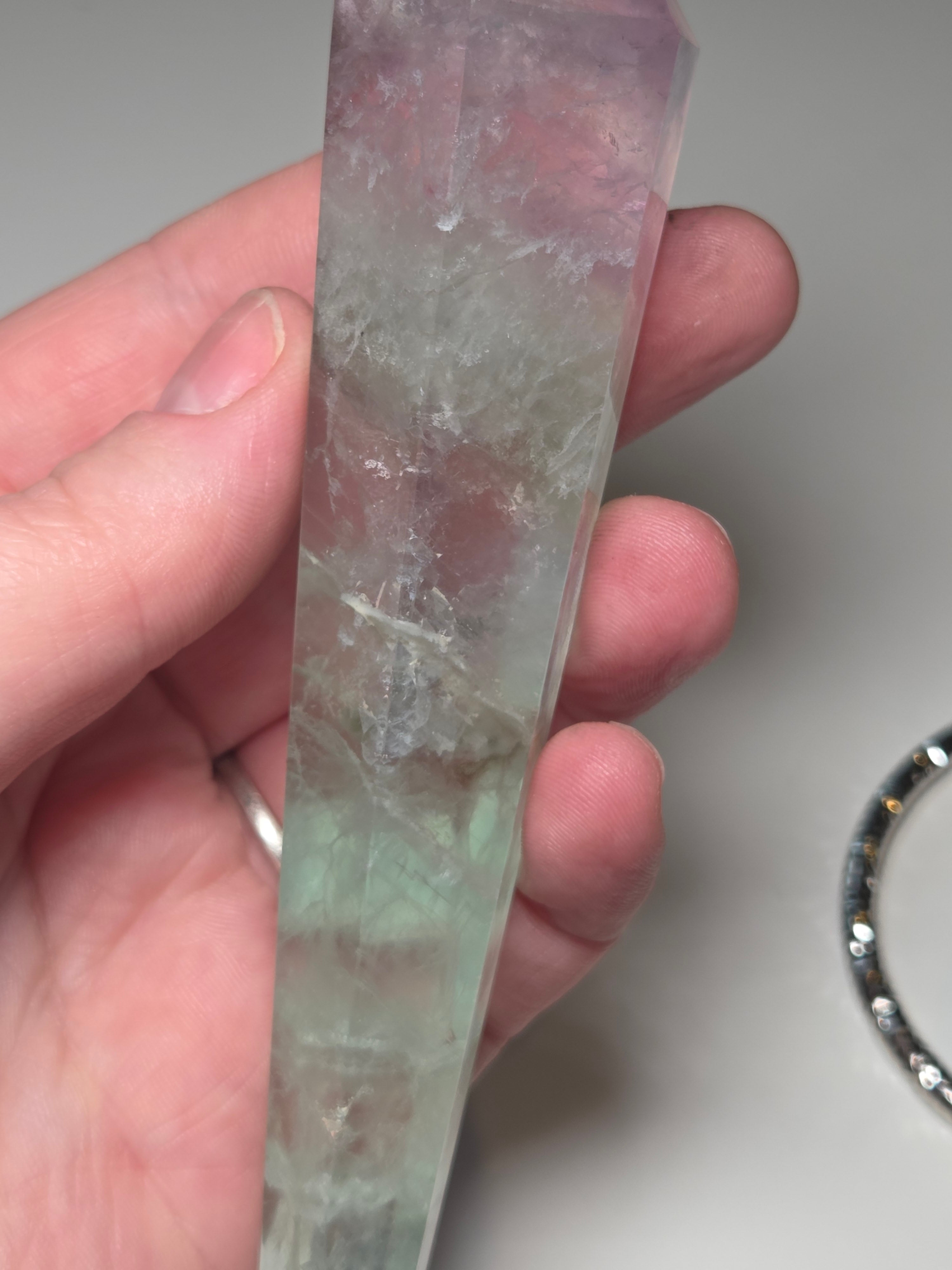 Flourite crystal wand carving with stand UV reactive