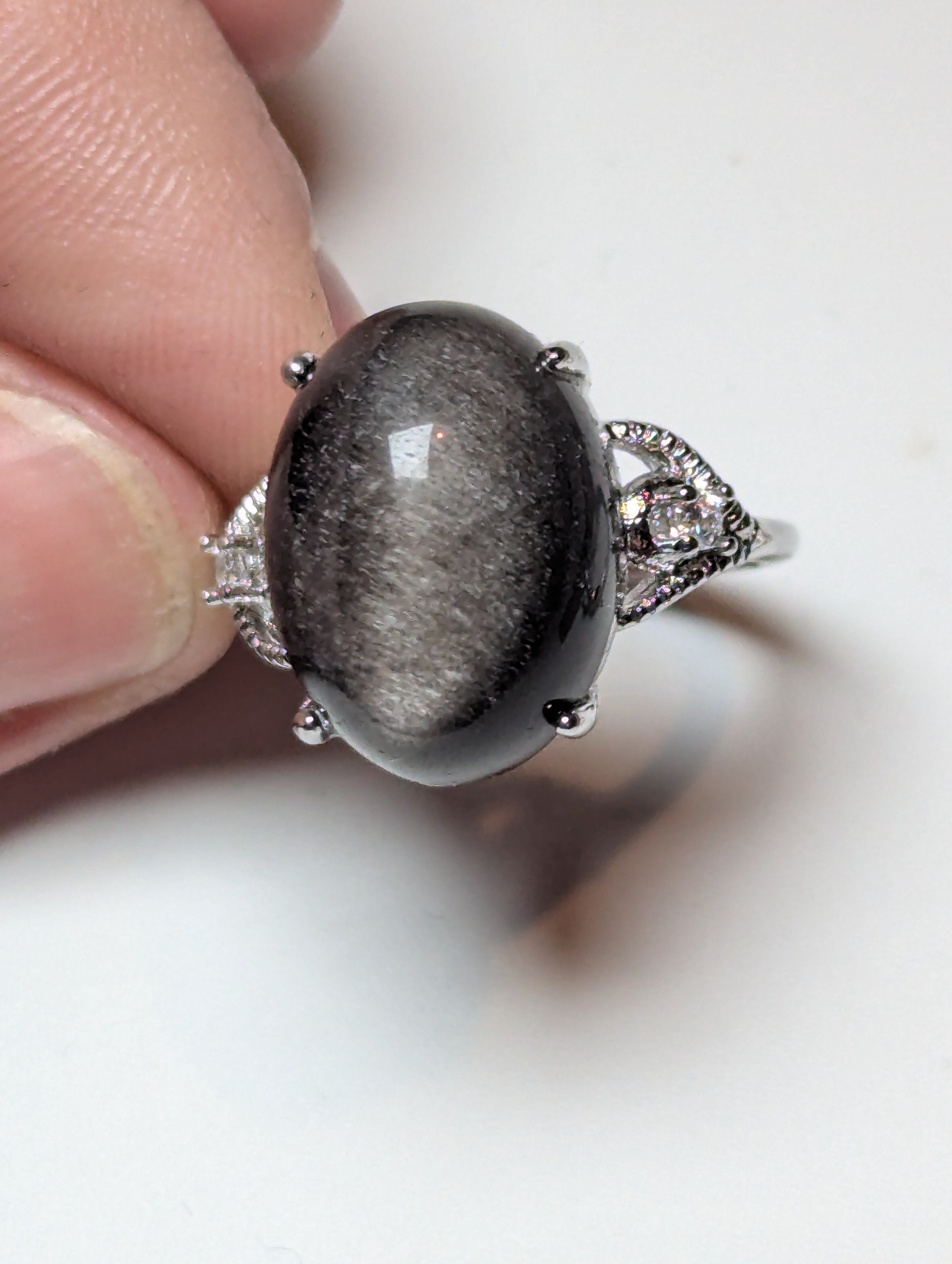Silver sheen obsidian crystal ring