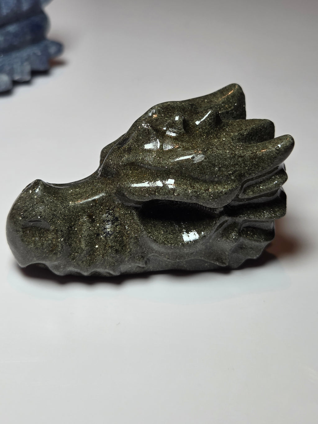 Pyrite crystal dragon head carving