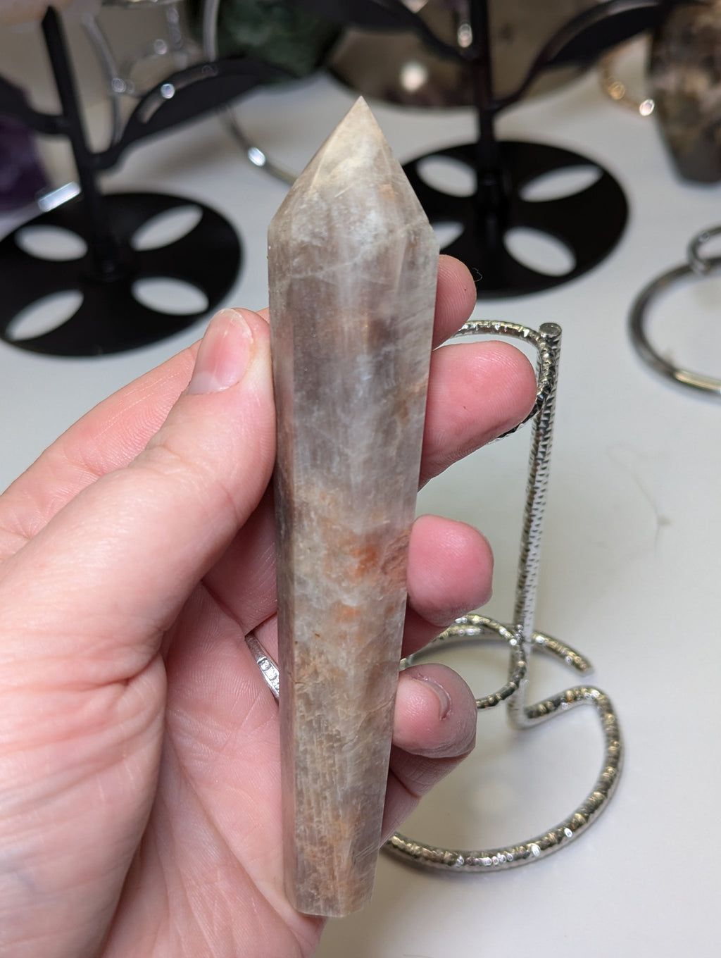 Sunstone and moonstone crystal wand with stand