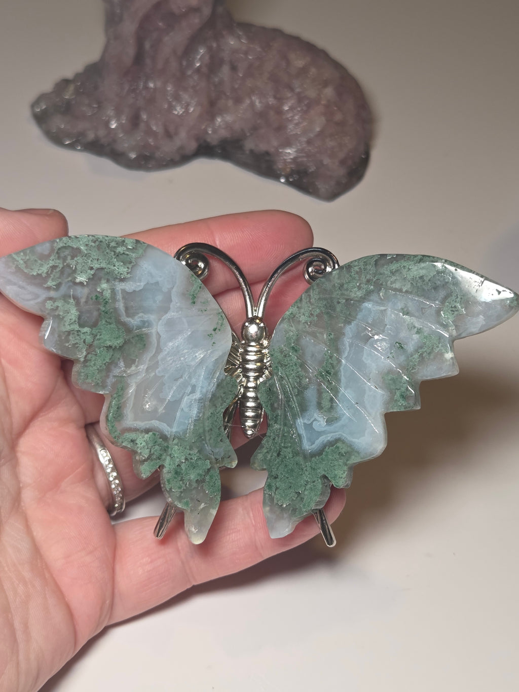Moss Agate crystal butterfly carving