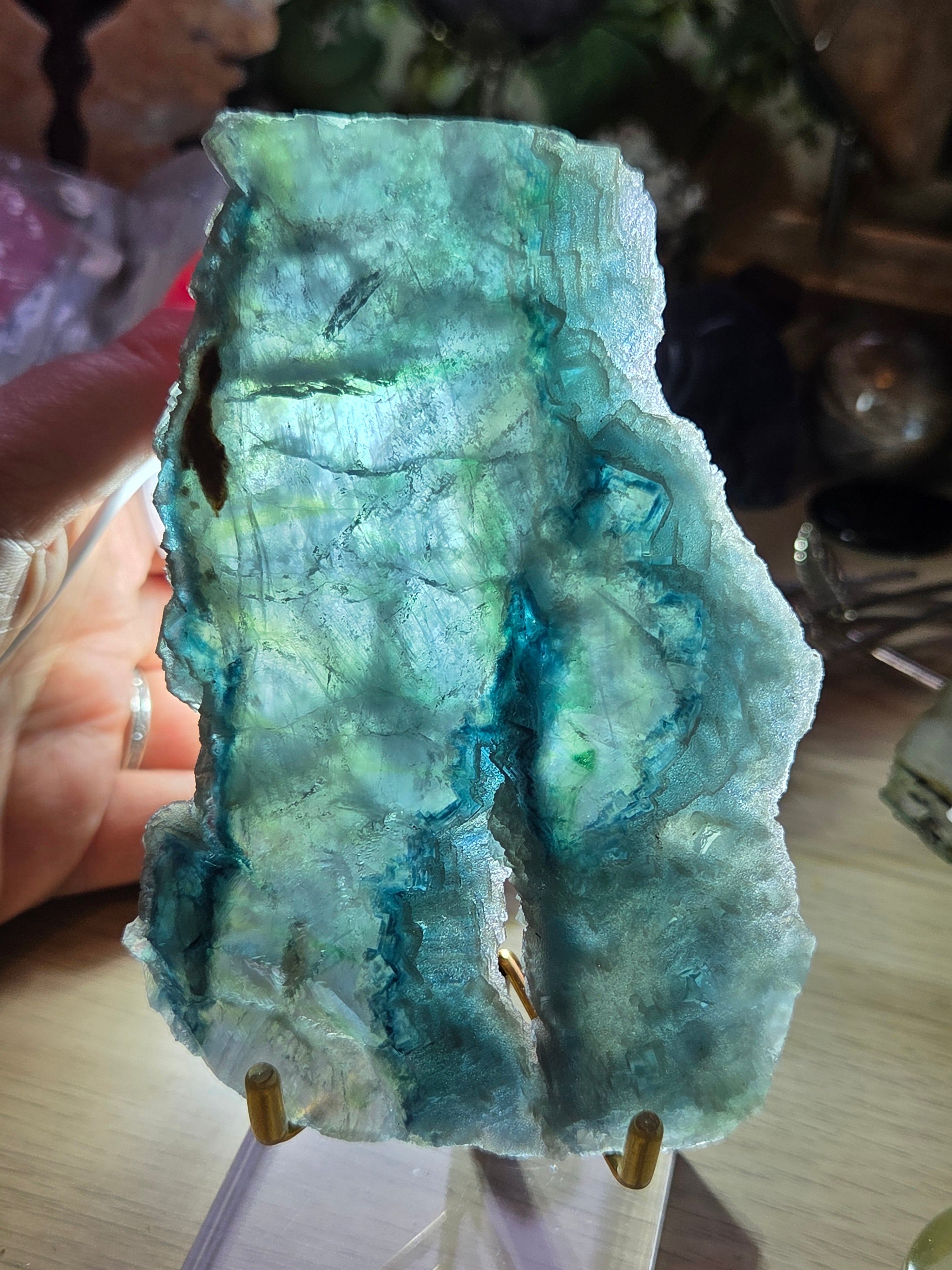 Blue flourite crystal slice with stand red UV reactive and sugar duzy
