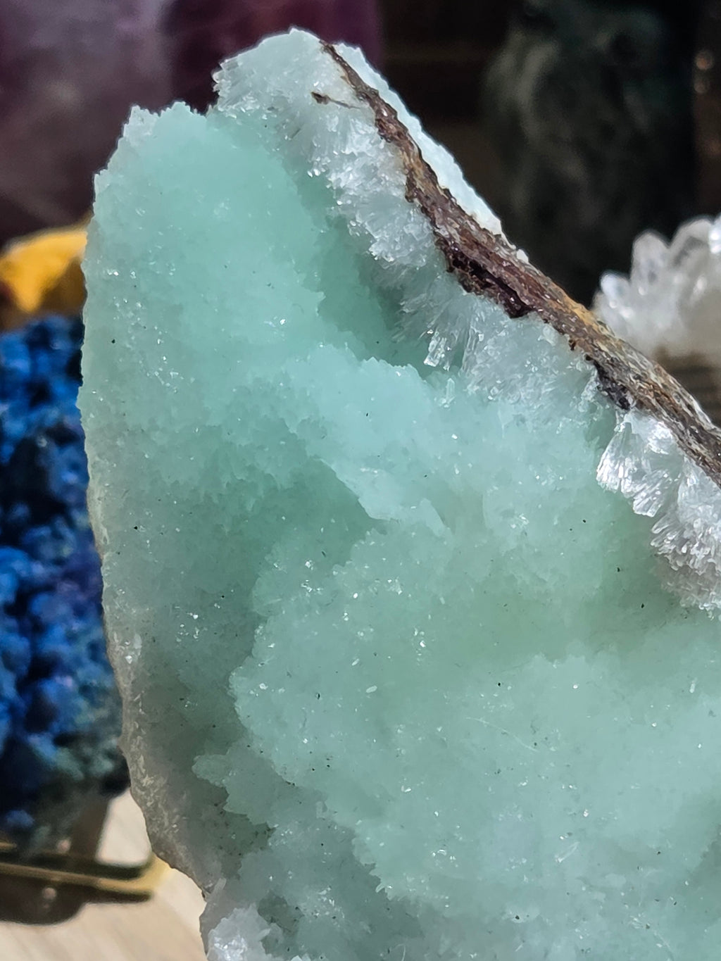 Blue aragonite mineral specimen raw with stand