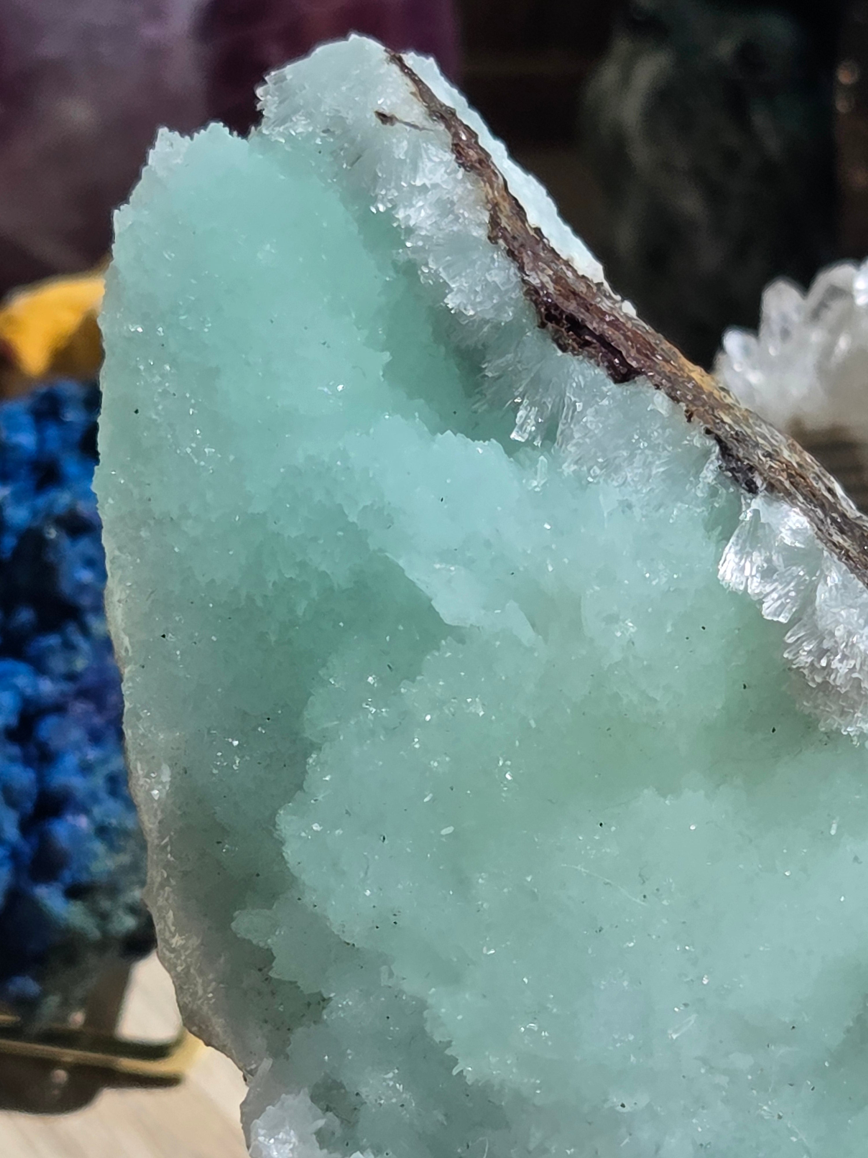 Blue aragonite mineral specimen raw with stand