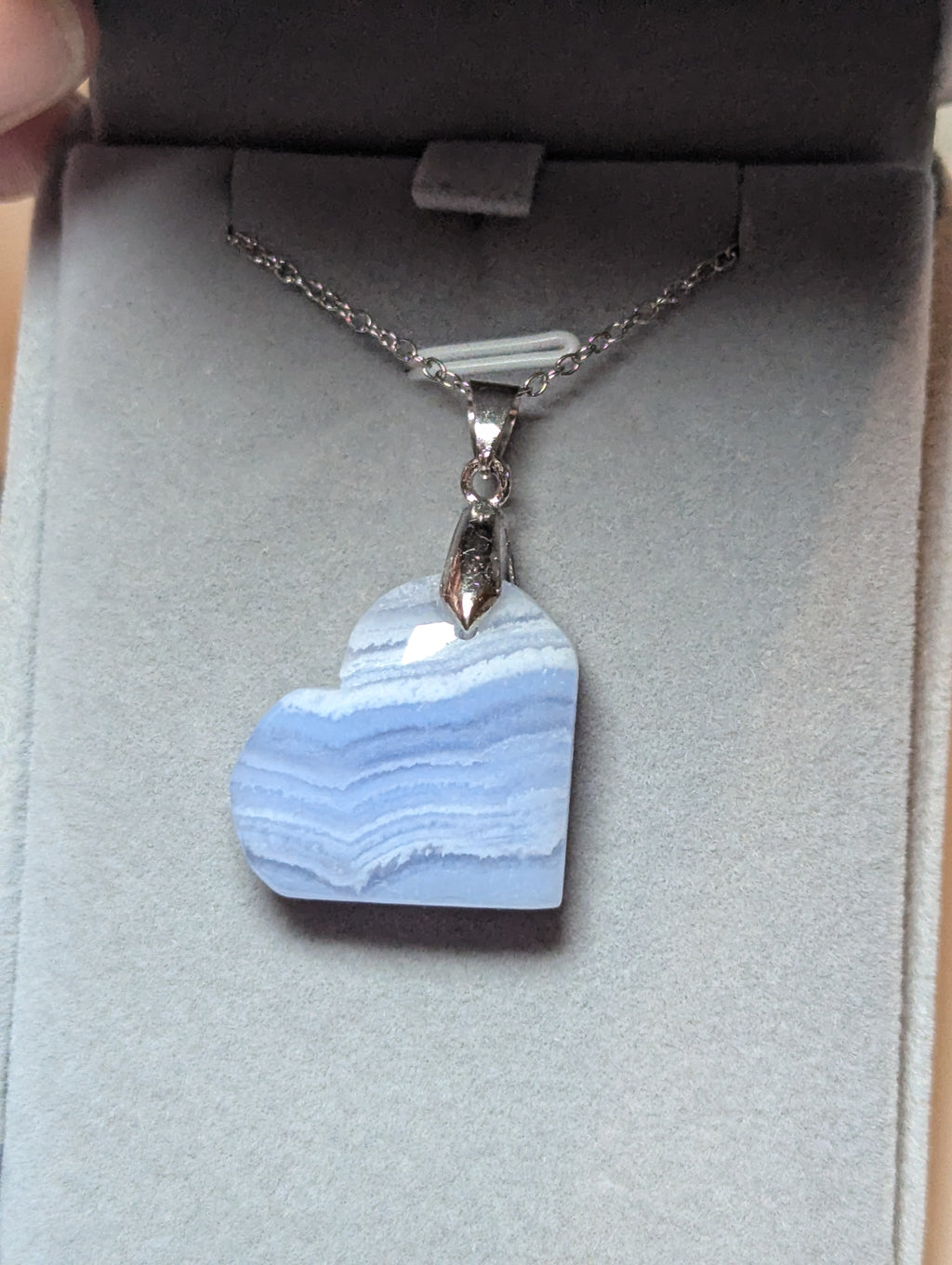 Blue lace Crystal heart carving handmade necklace