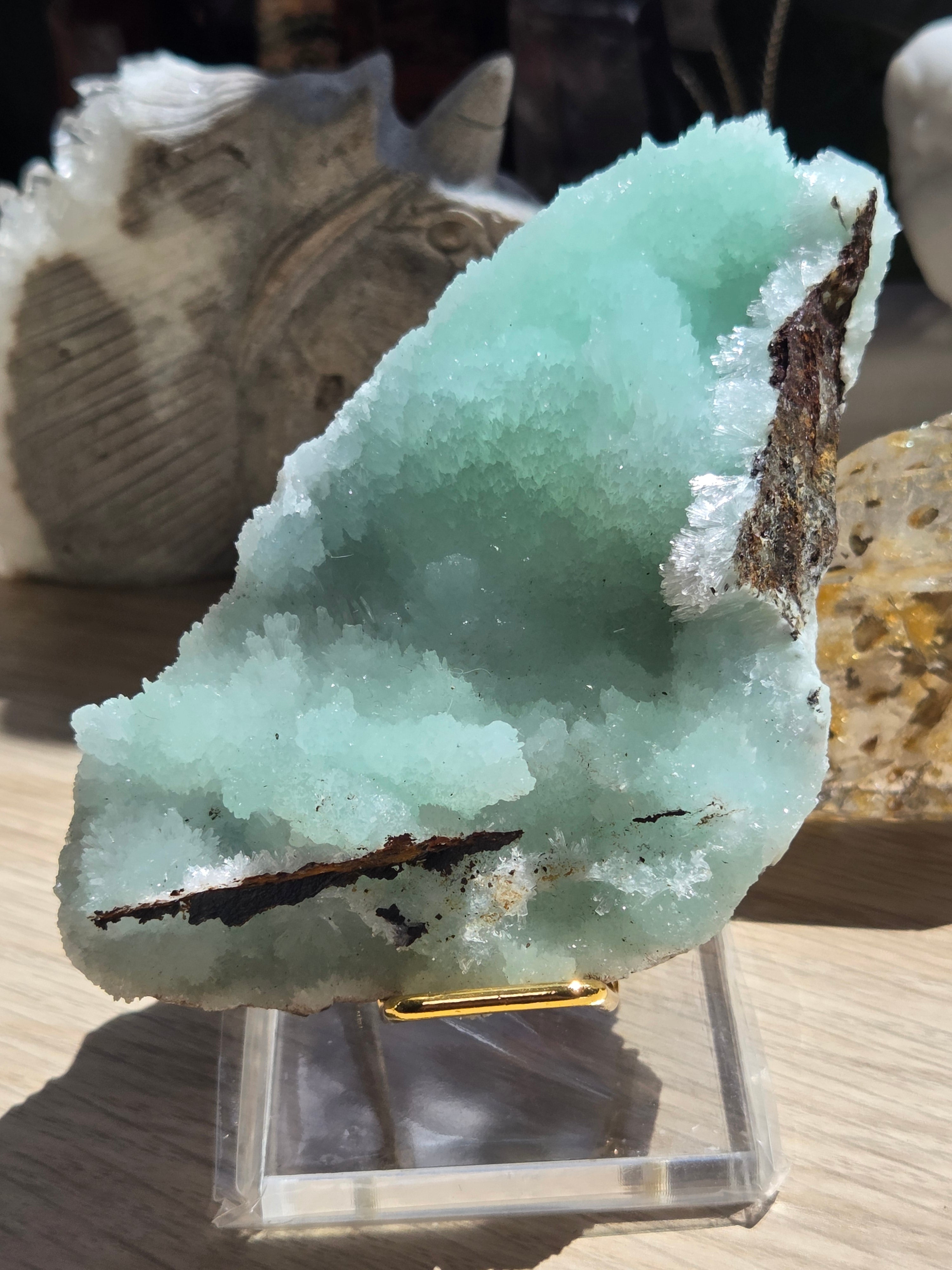 Blue aragonite mineral specimen raw with stand