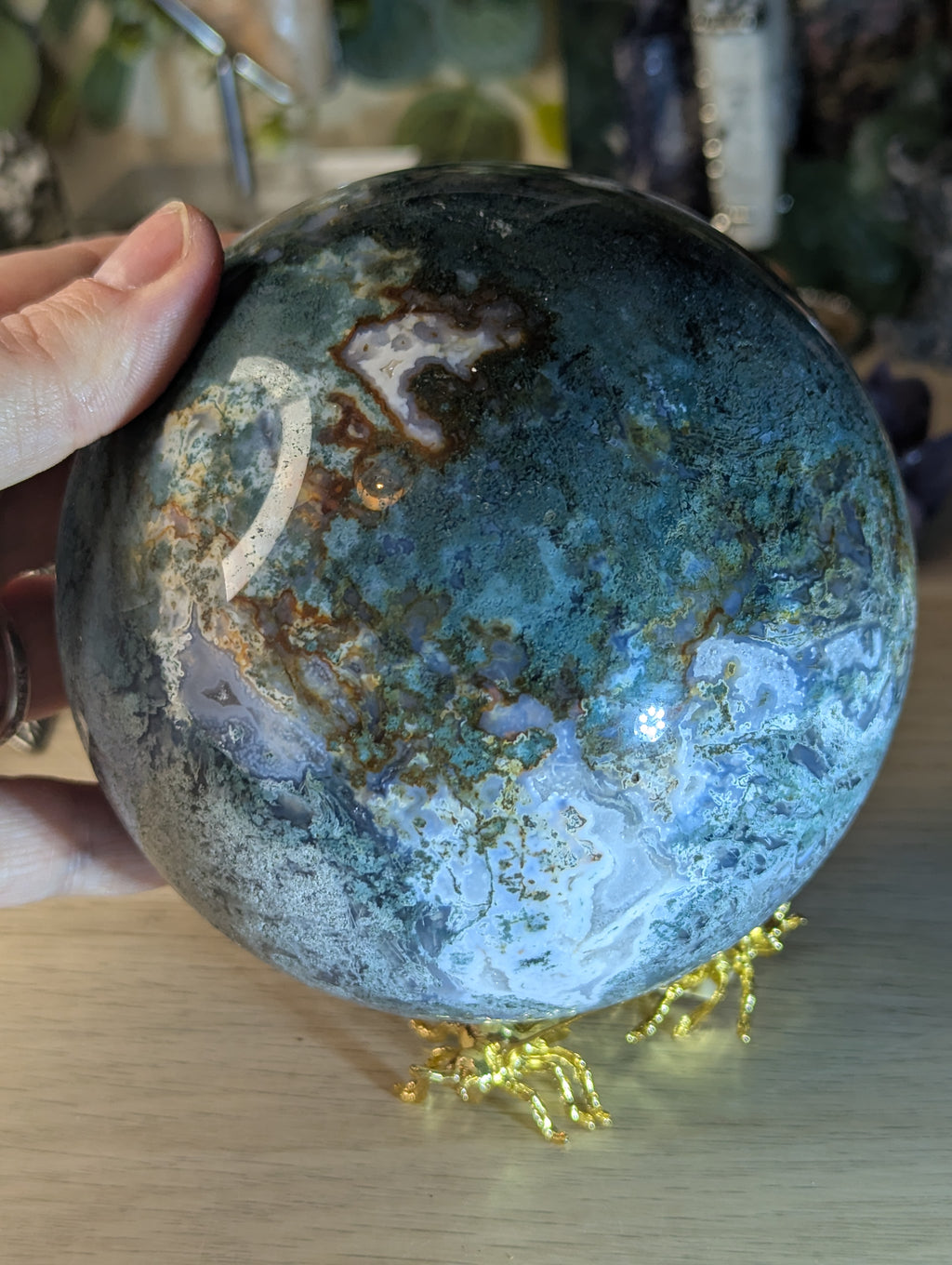 New 50% off on check out XL Moss Agate crystal sphere with stand over 13cm