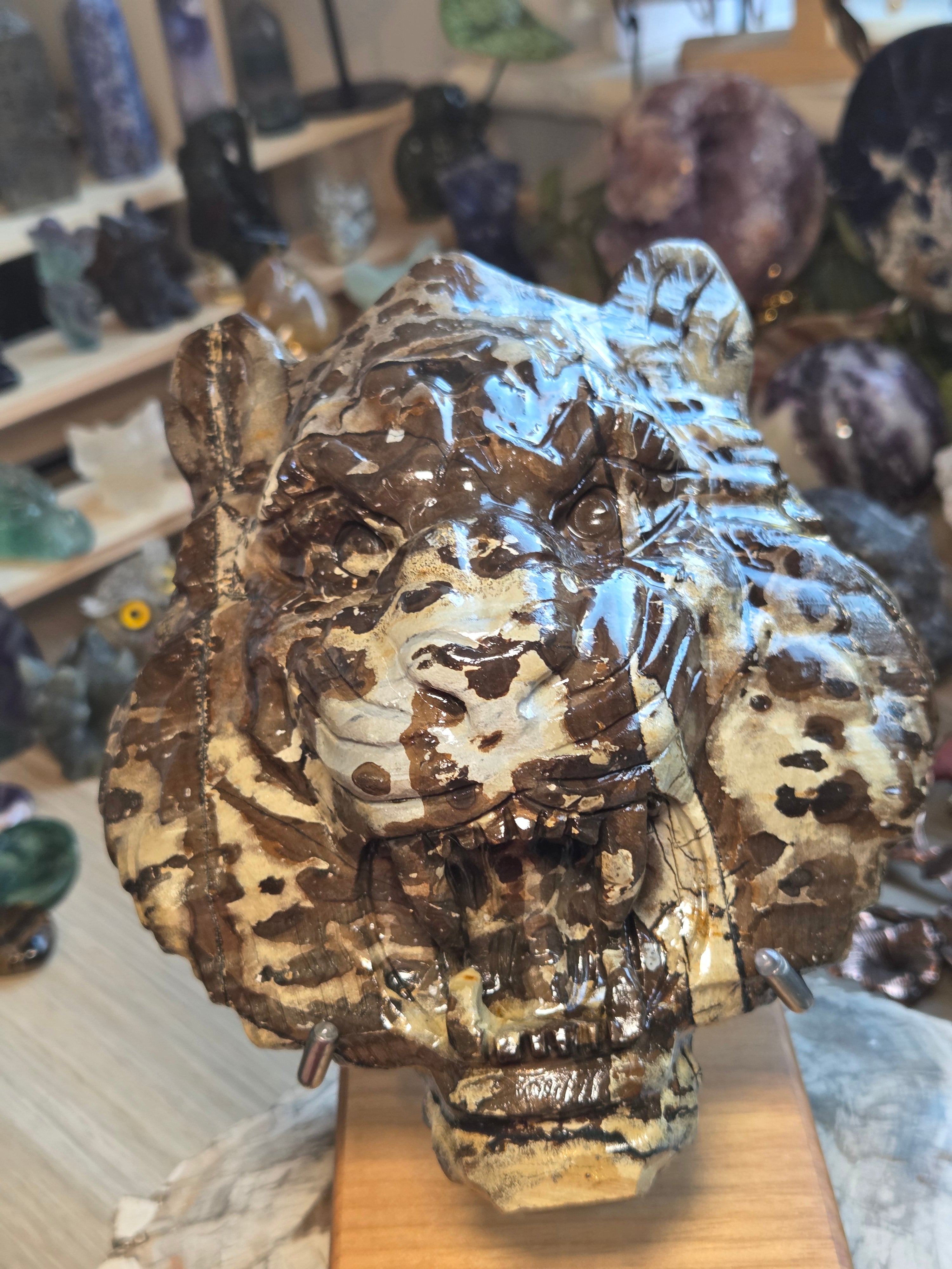 Amazing  Jasper Tiger head carving  with stand