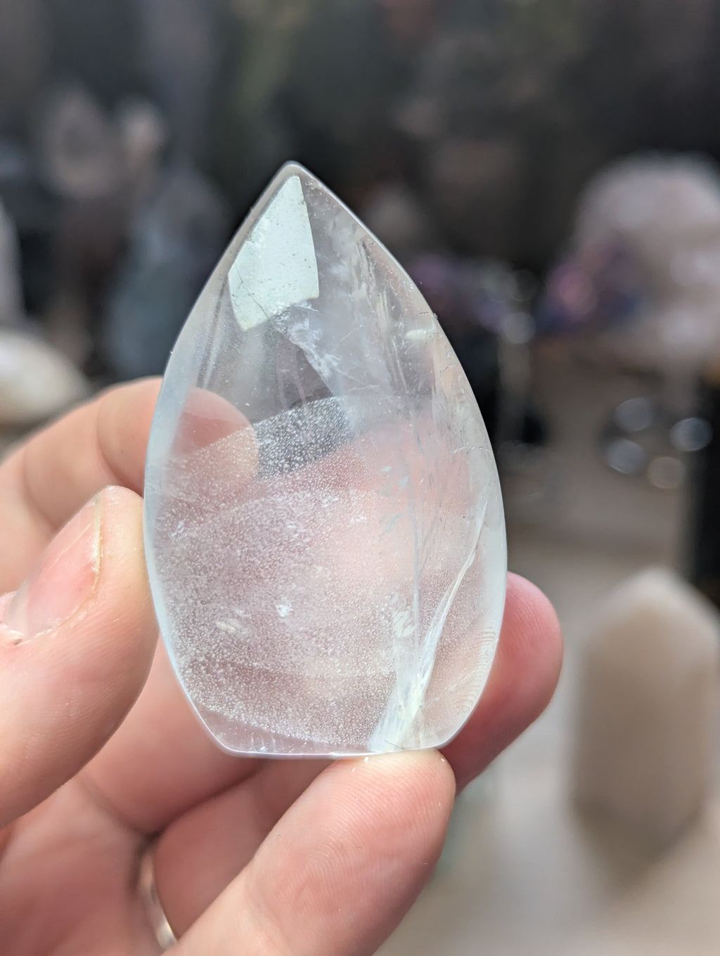 Clear quartz crystal tear drop carving