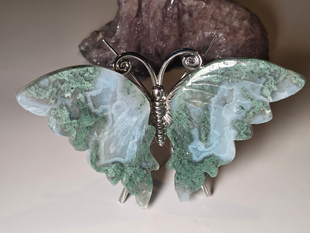 Moss Agate crystal butterfly carving