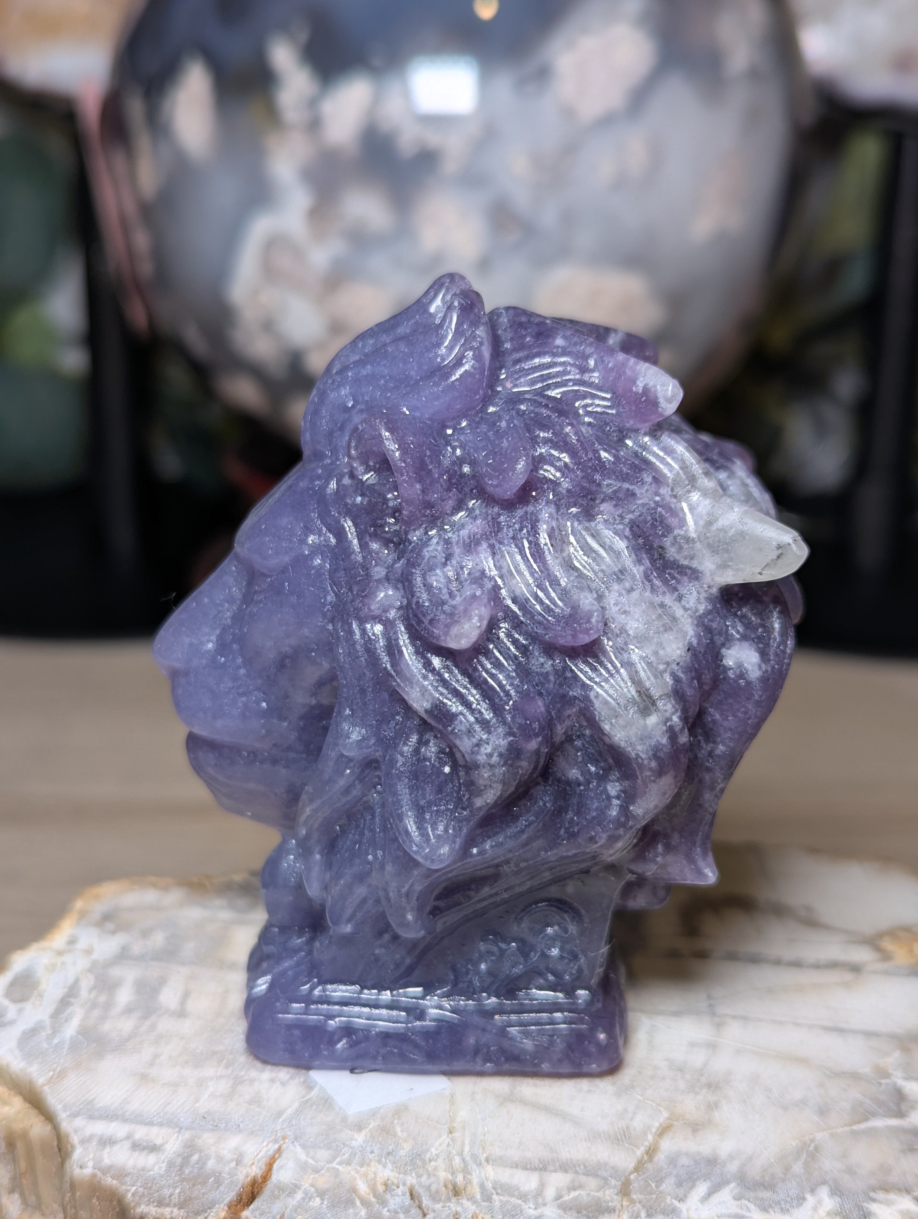 Lepidolite crystal large lion carving
