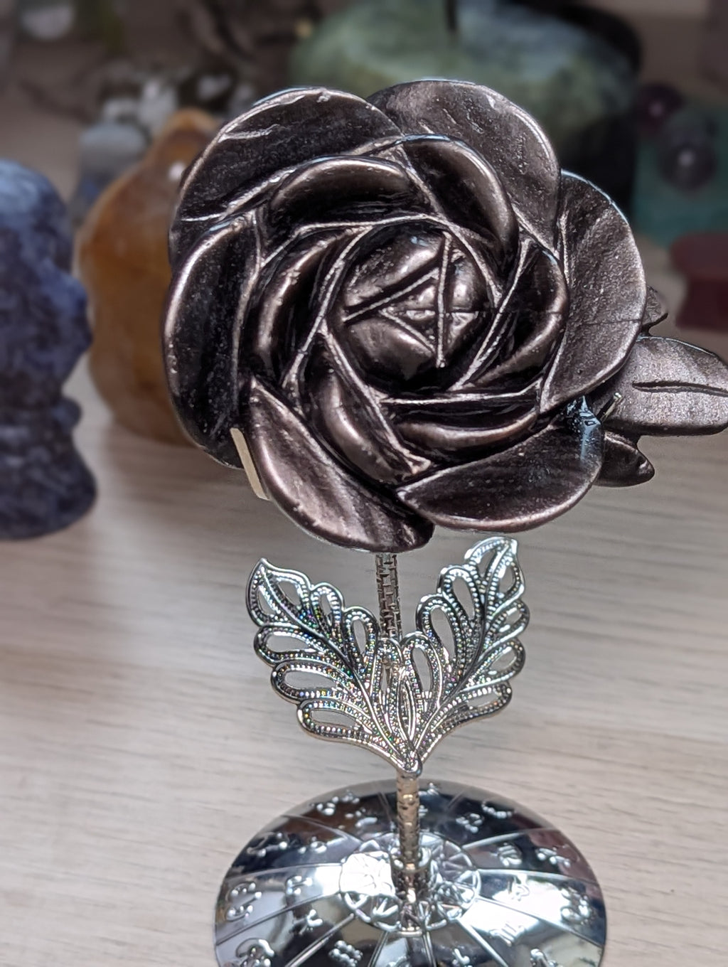 Silver sheen obsidian crystal rose carving with stand