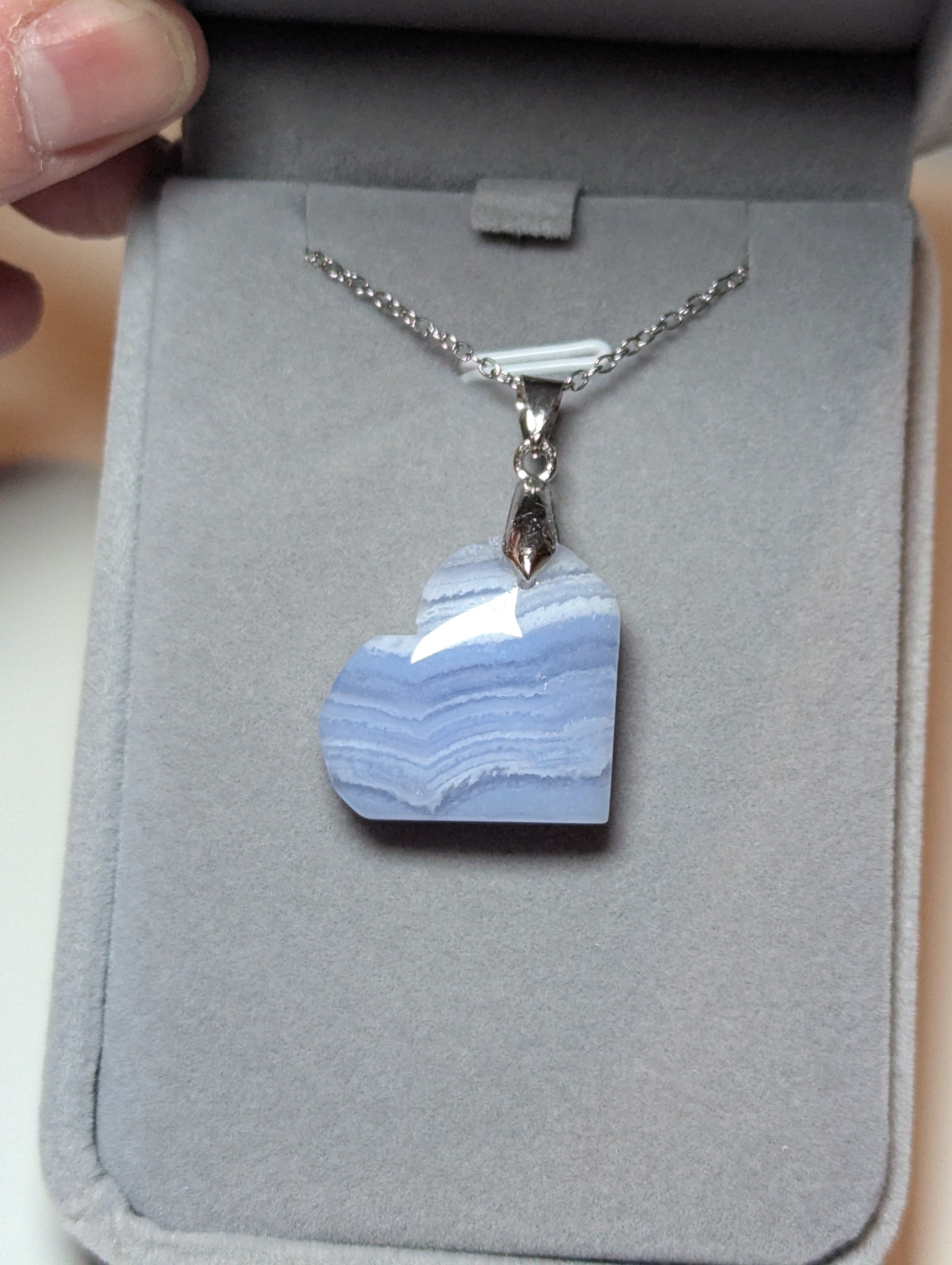 Blue lace Crystal heart carving handmade necklace