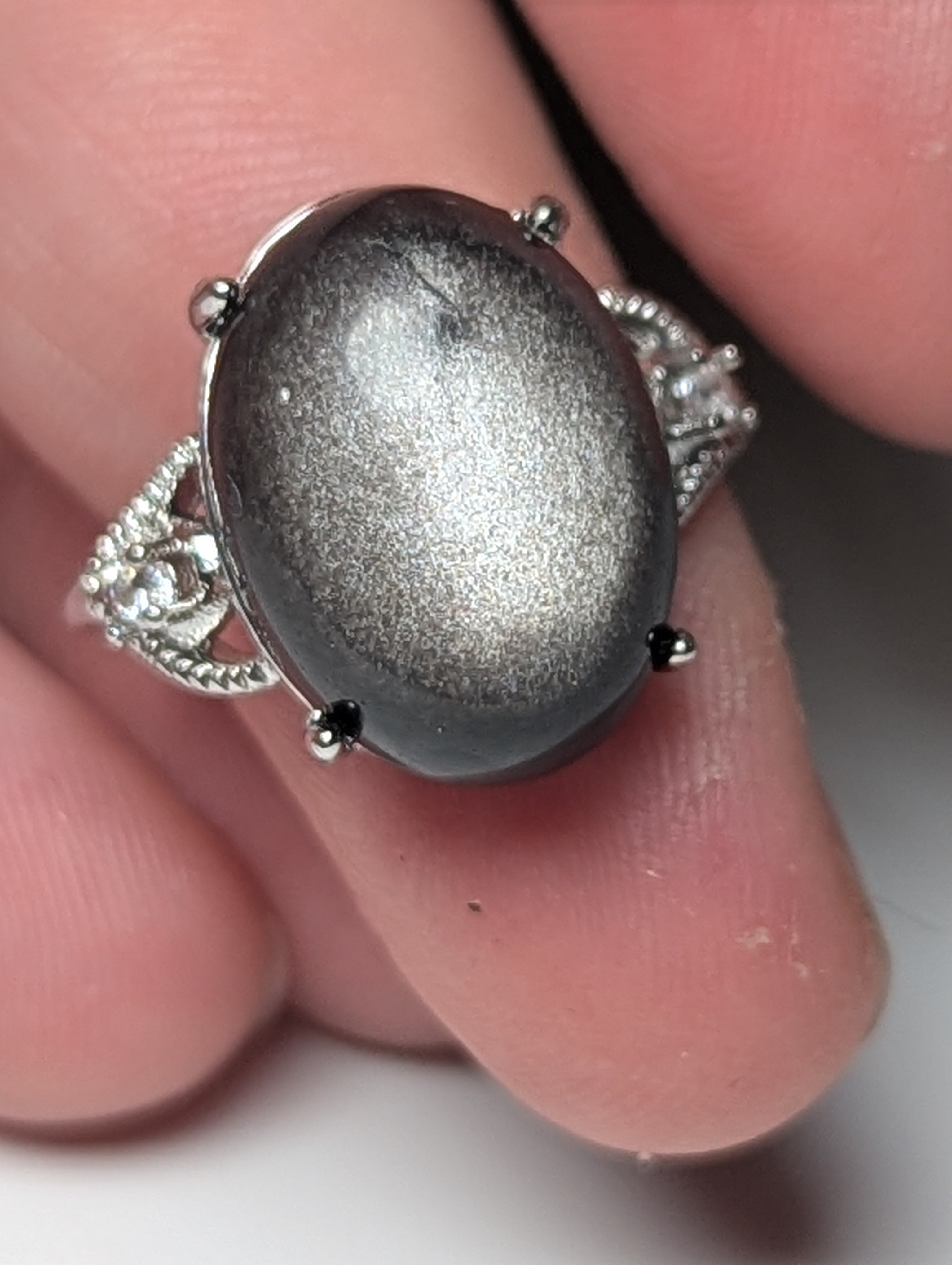 Silver sheen obsidian crystal adjustable ring
