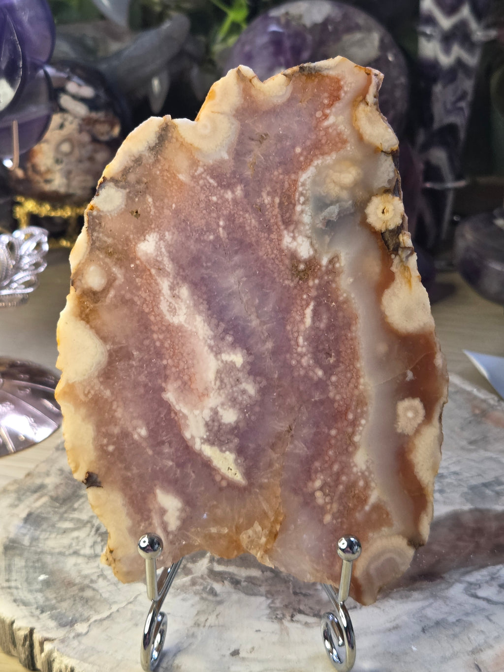 Rare pink flower amethyst crystal slice