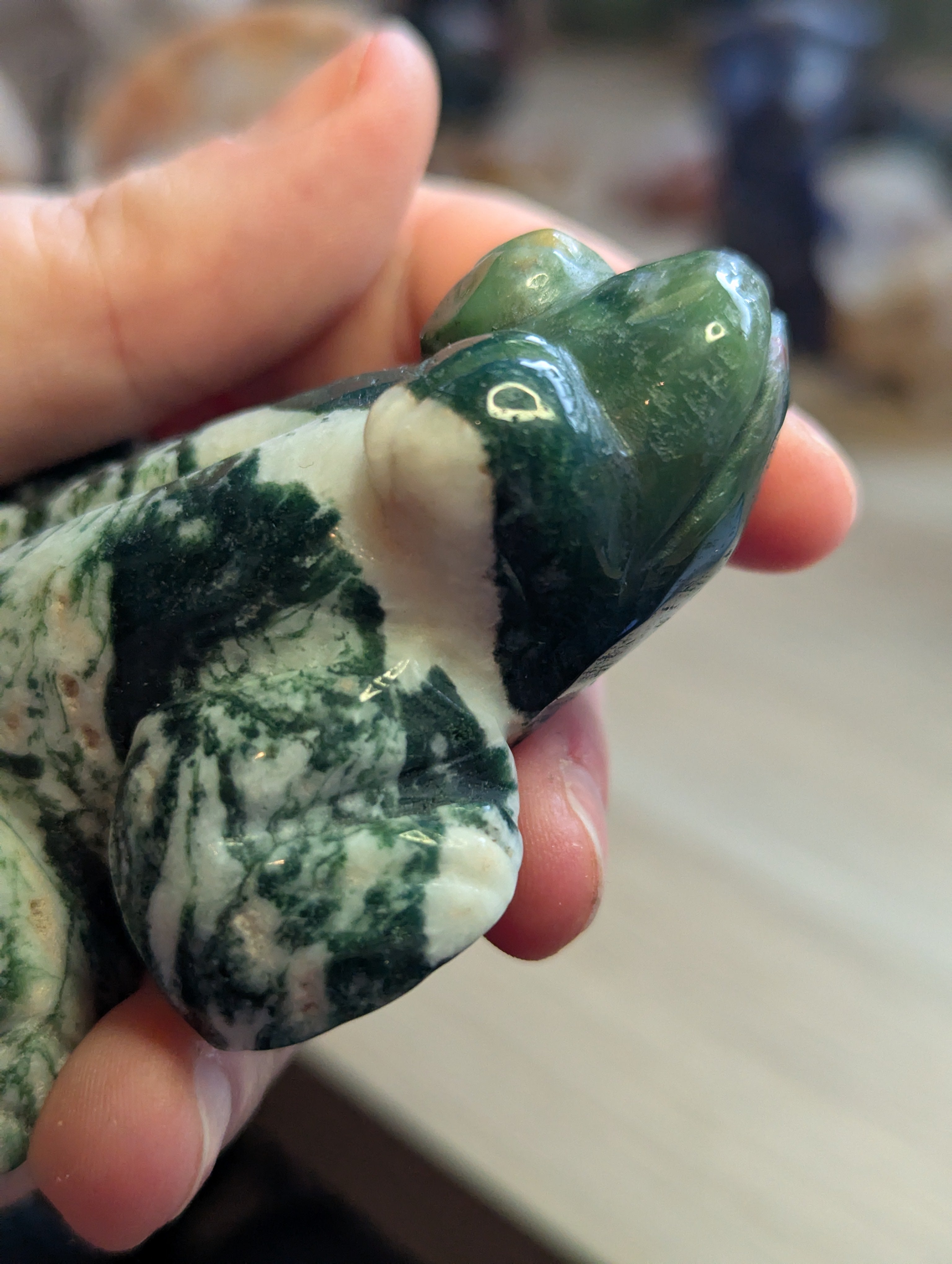 Large Moss Agate crystal frog carving