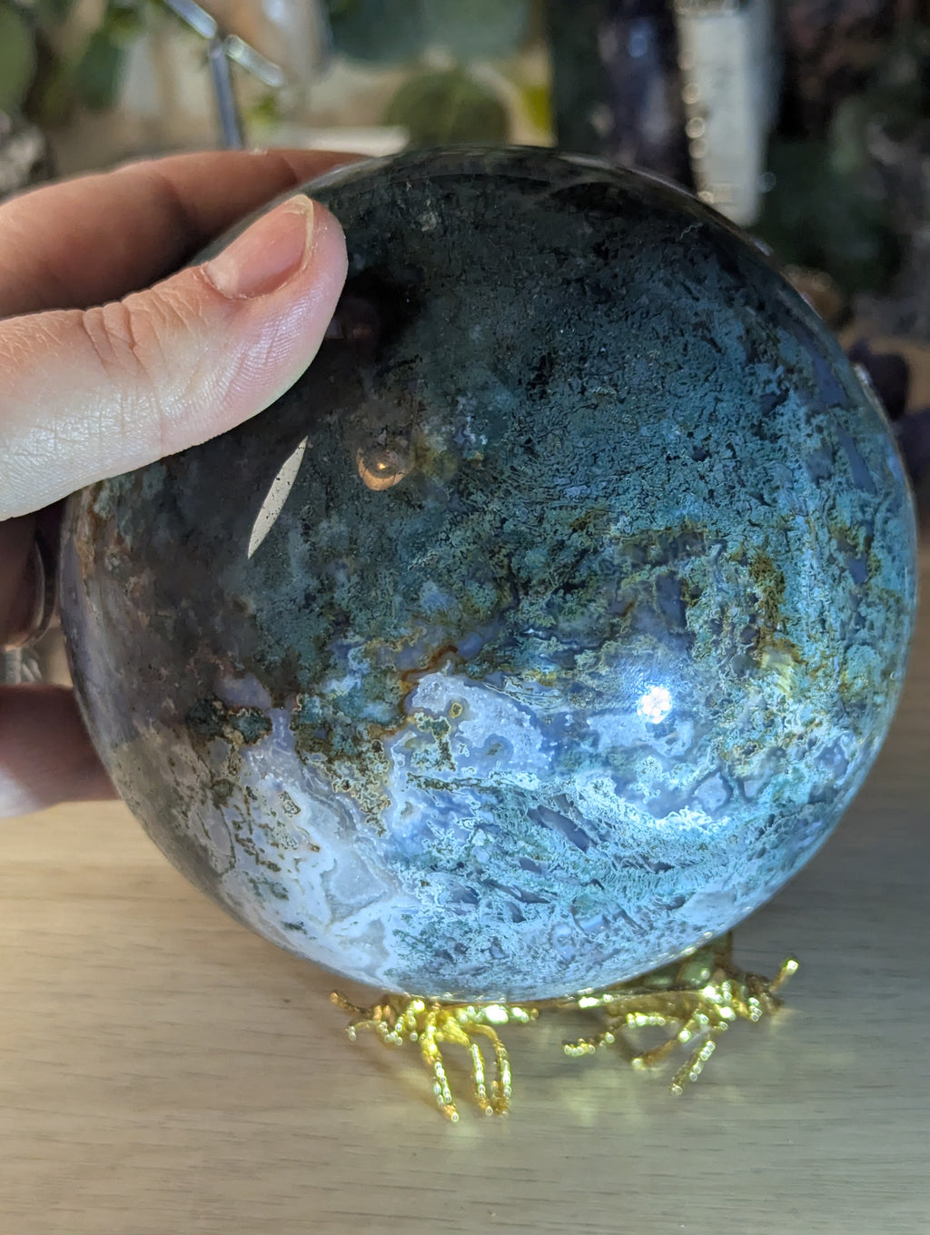 New 50% off on check out XL Moss Agate crystal sphere with stand over 13cm