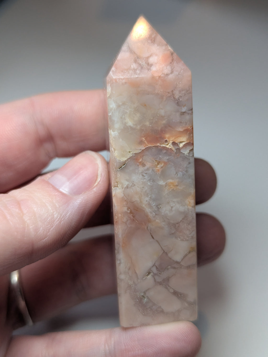 Cotton candy pink agate crystal tower with imperfections