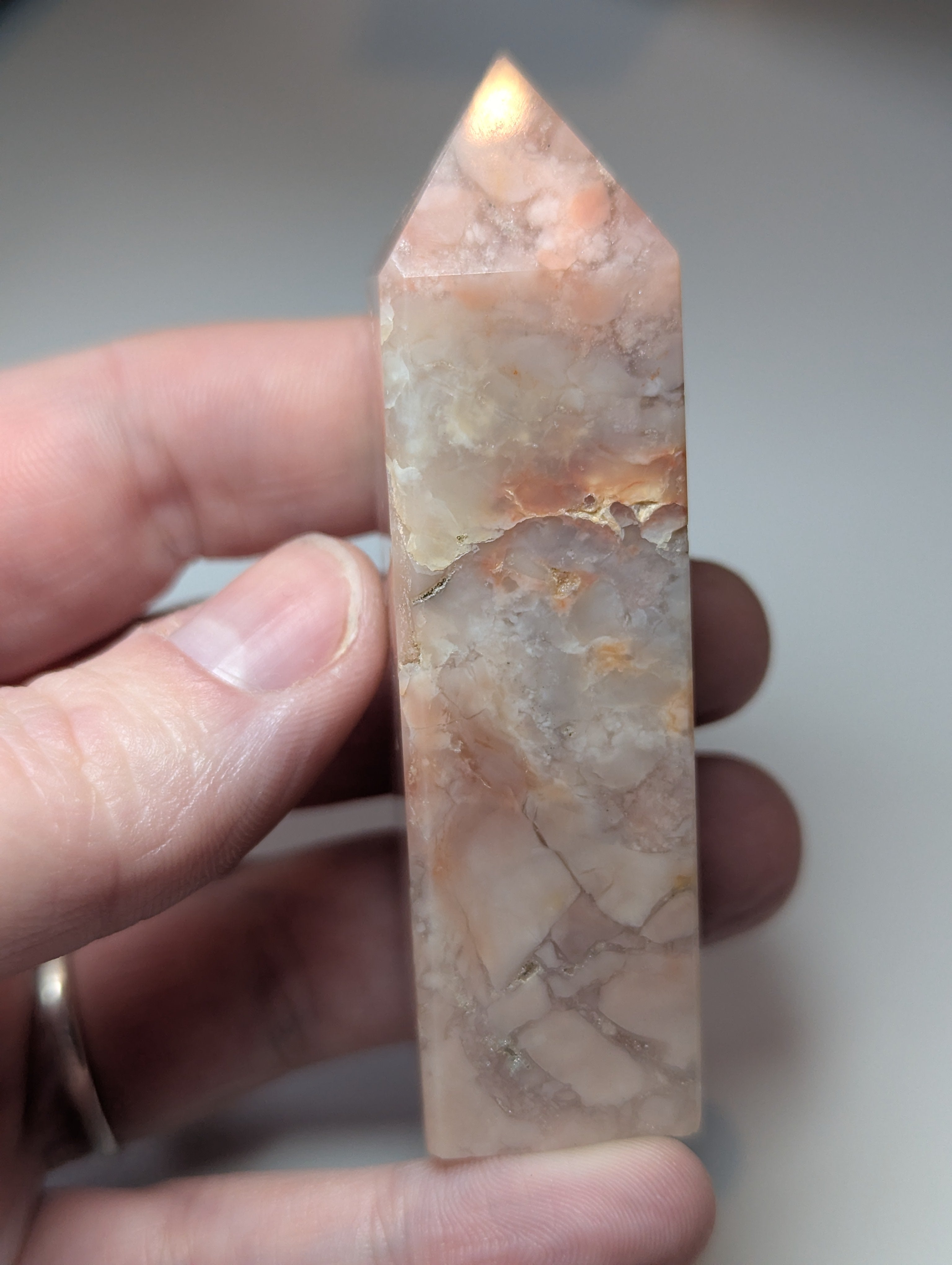 Cotton candy pink agate crystal tower with imperfections