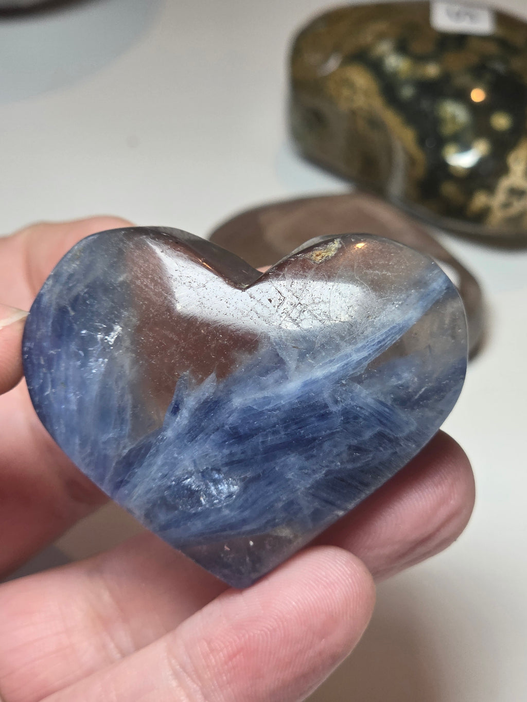 Blue kyanite crystal heart with smokey quartz