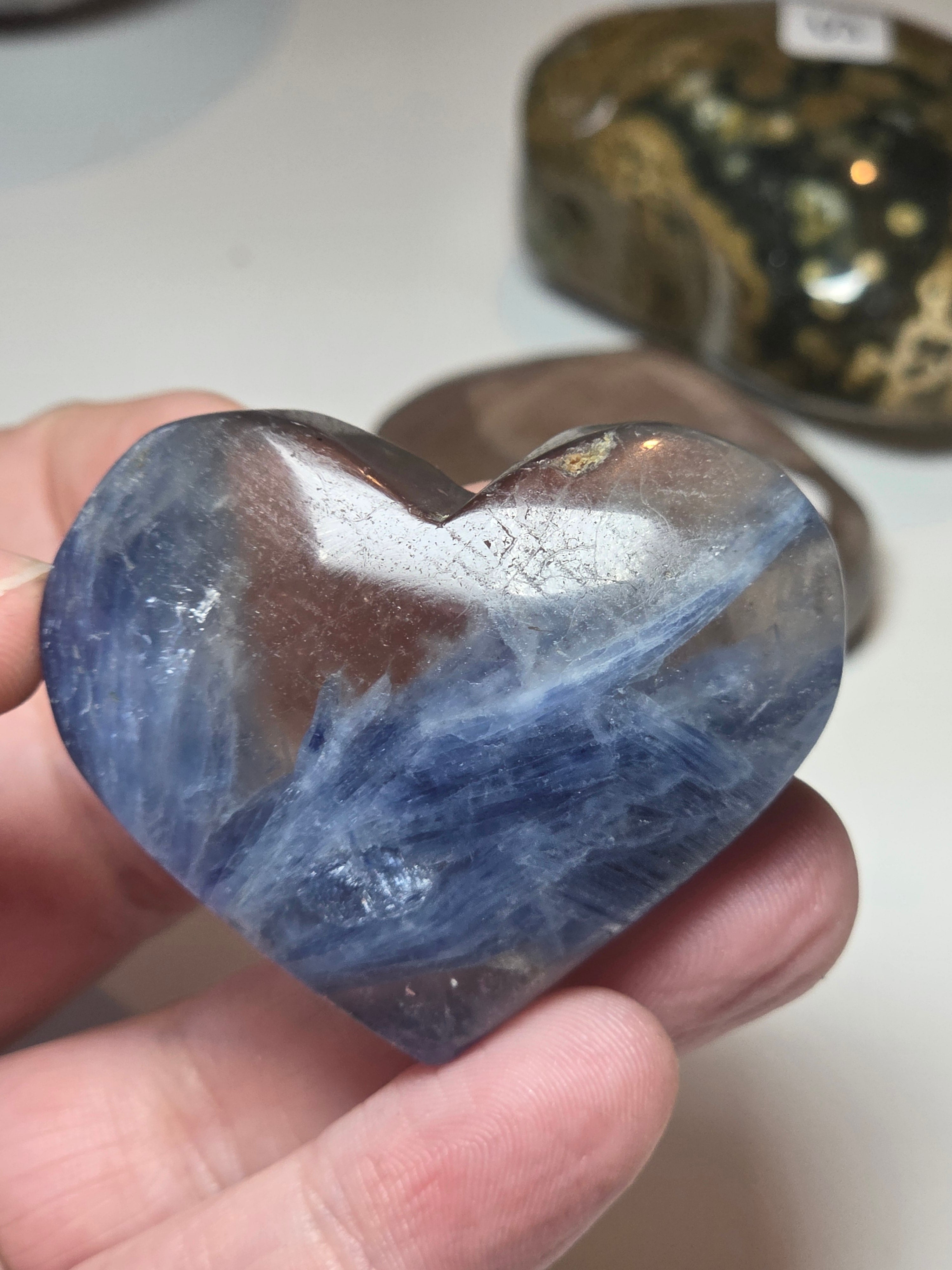 Blue kyanite crystal heart with smokey quartz
