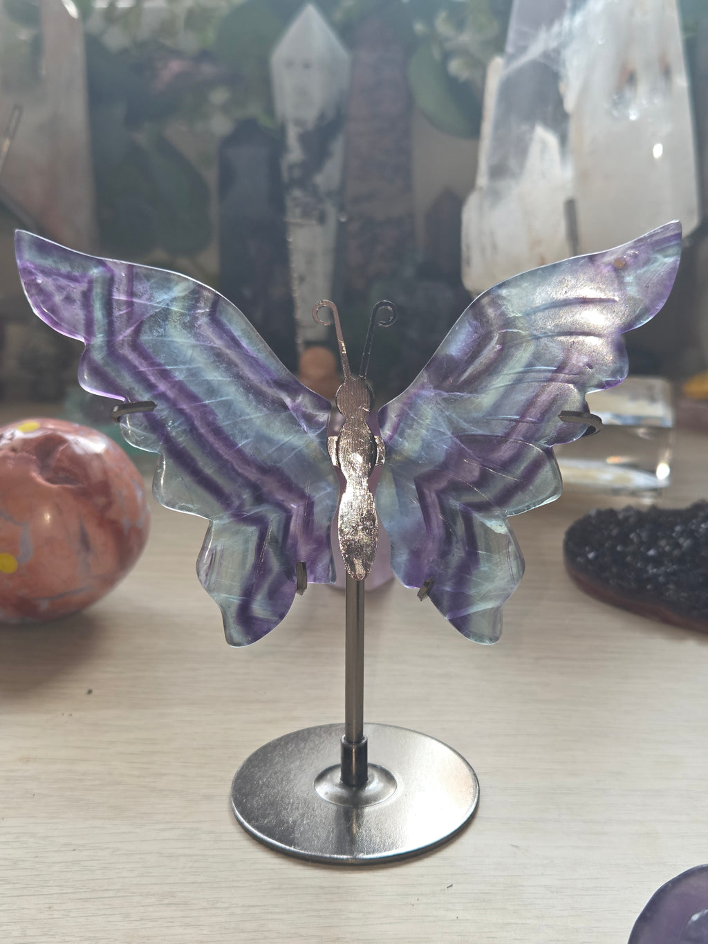 Rainbow flourite crystal butterfly carving