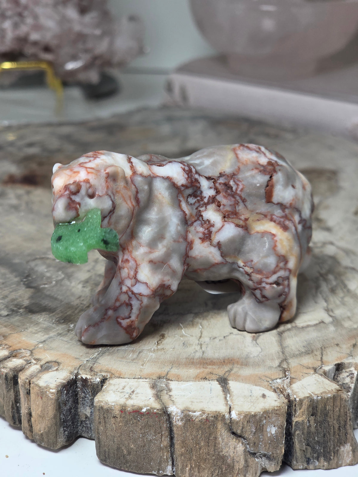 Red Vain Jasper crystal bear carving with fish