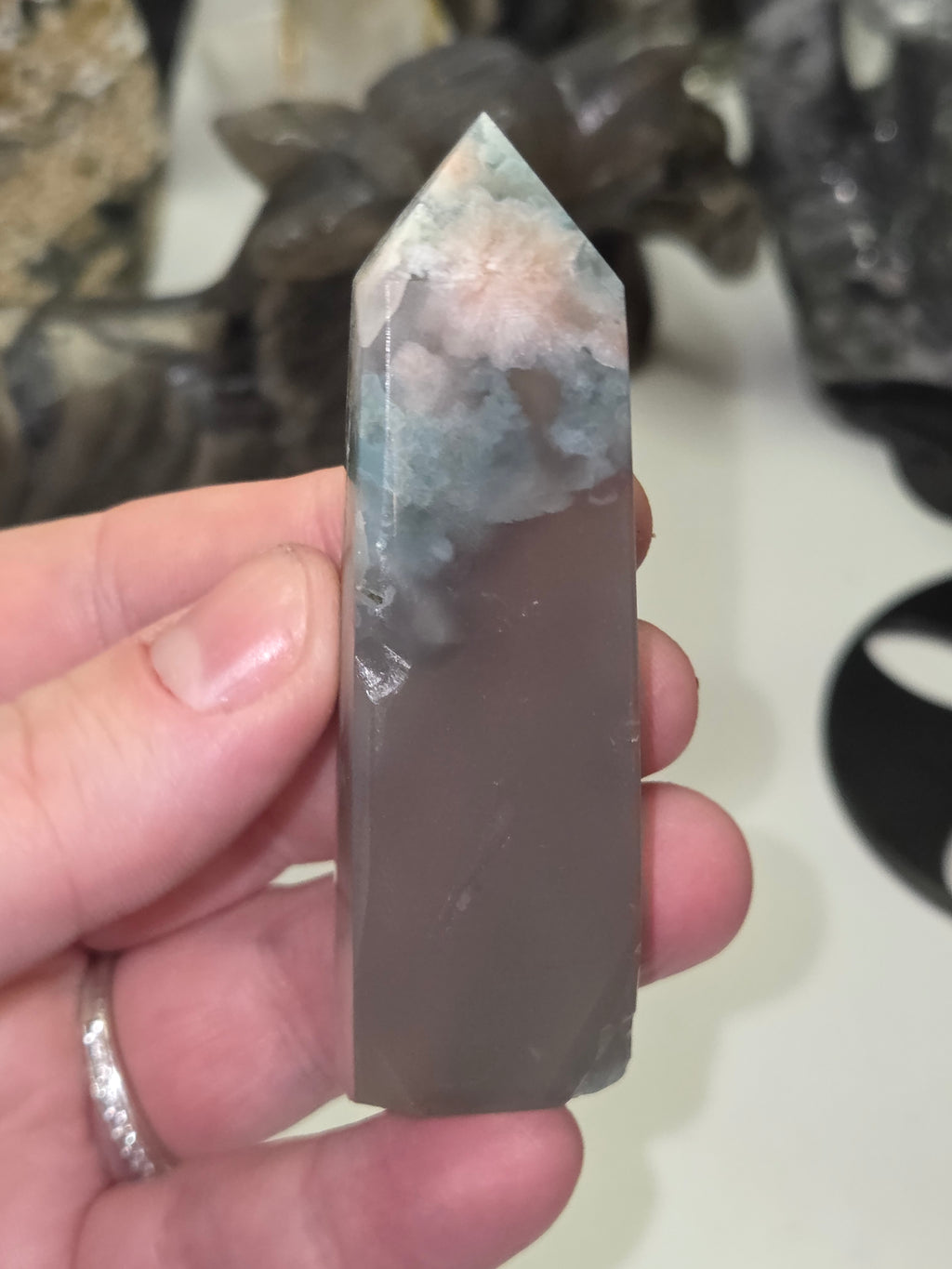 Beautiful blue flower agate crystal tower