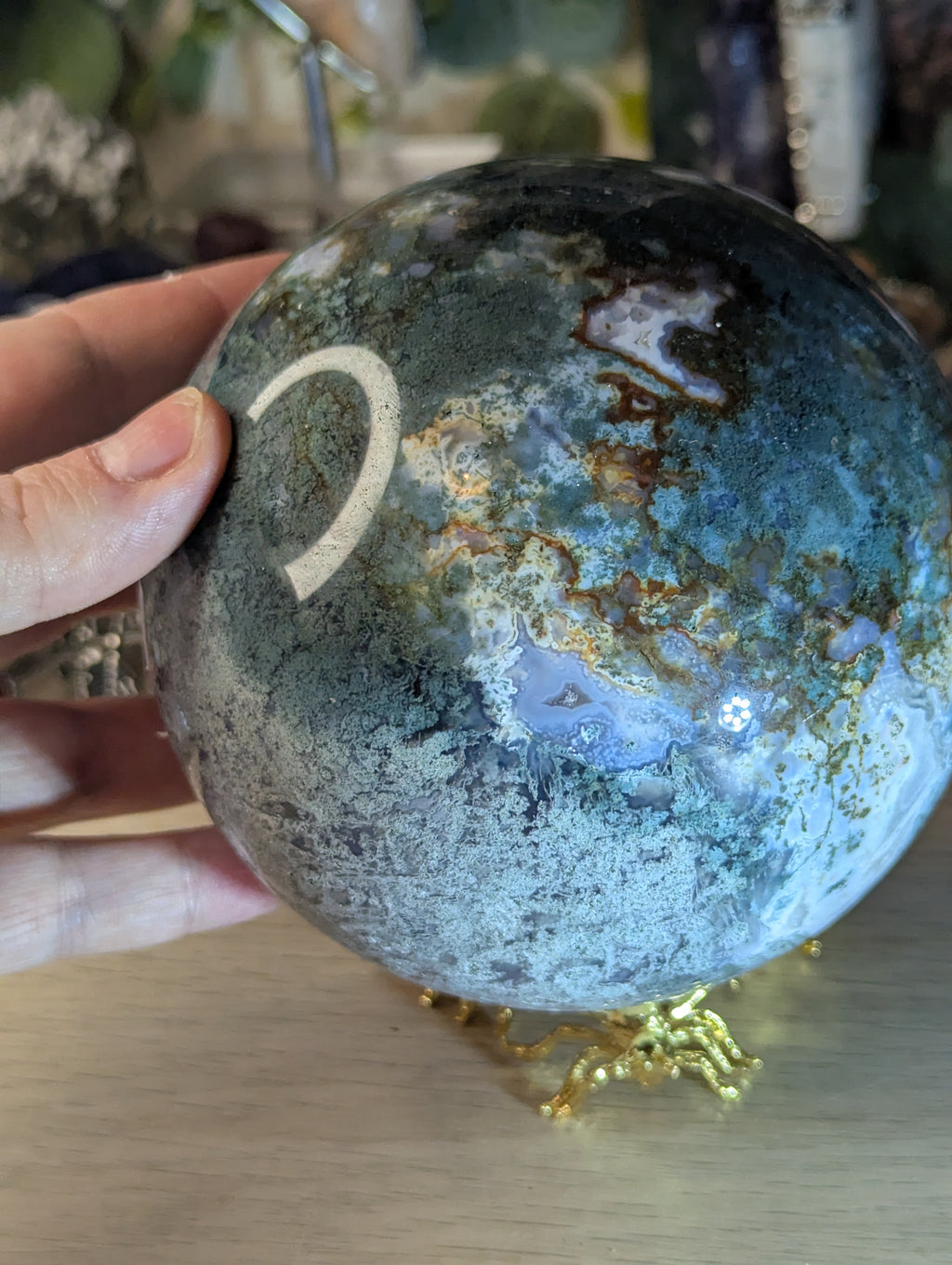 New 50% off on check out XL Moss Agate crystal sphere with stand over 13cm