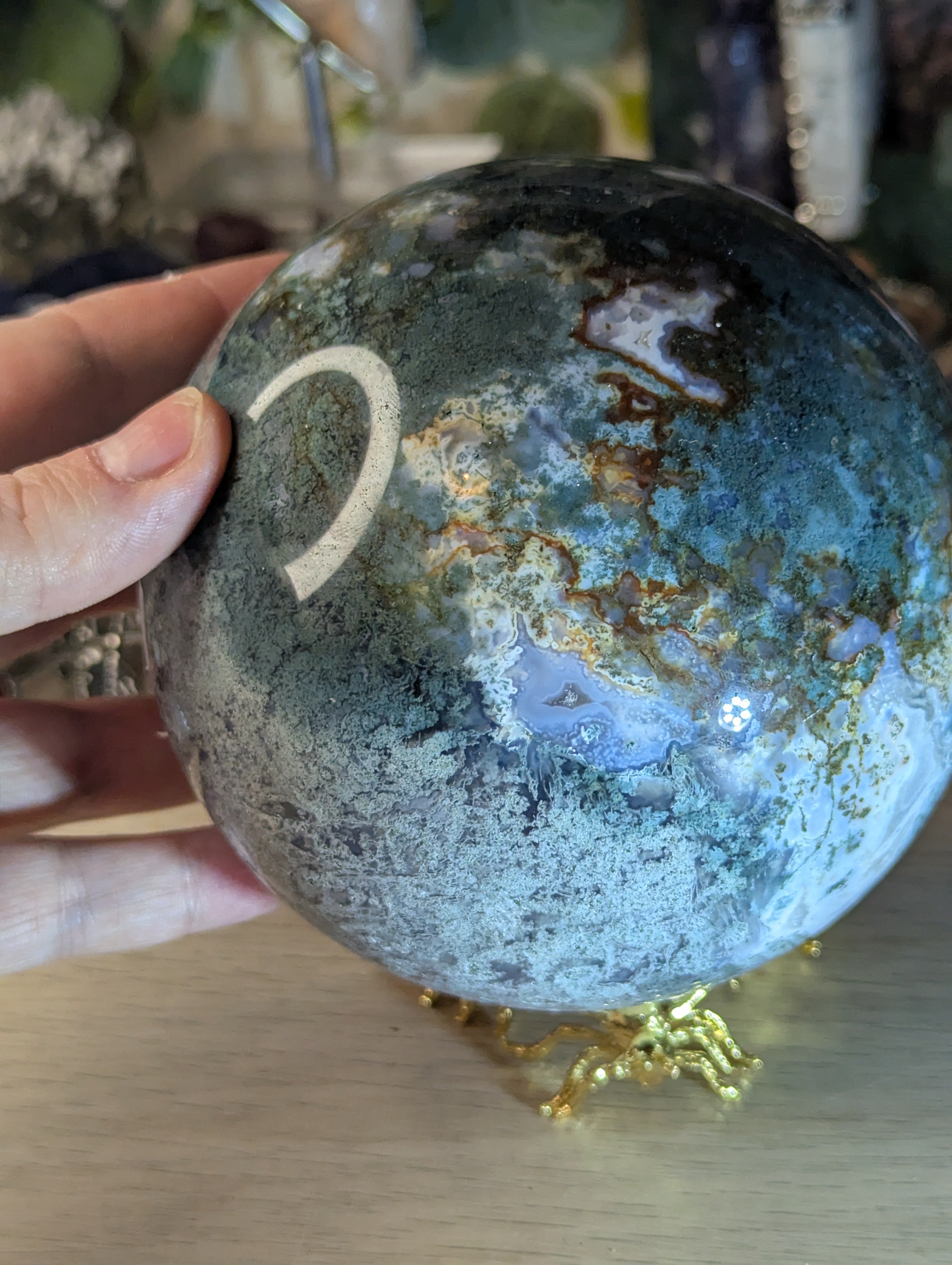New 50% off on check out XL Moss Agate crystal sphere with stand over 13cm