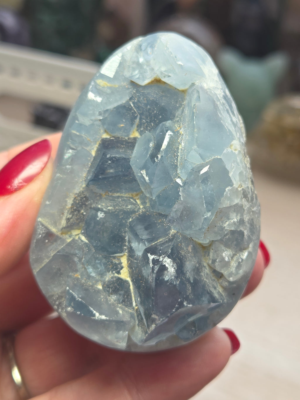 Blue celicite crystal egg carving specimen