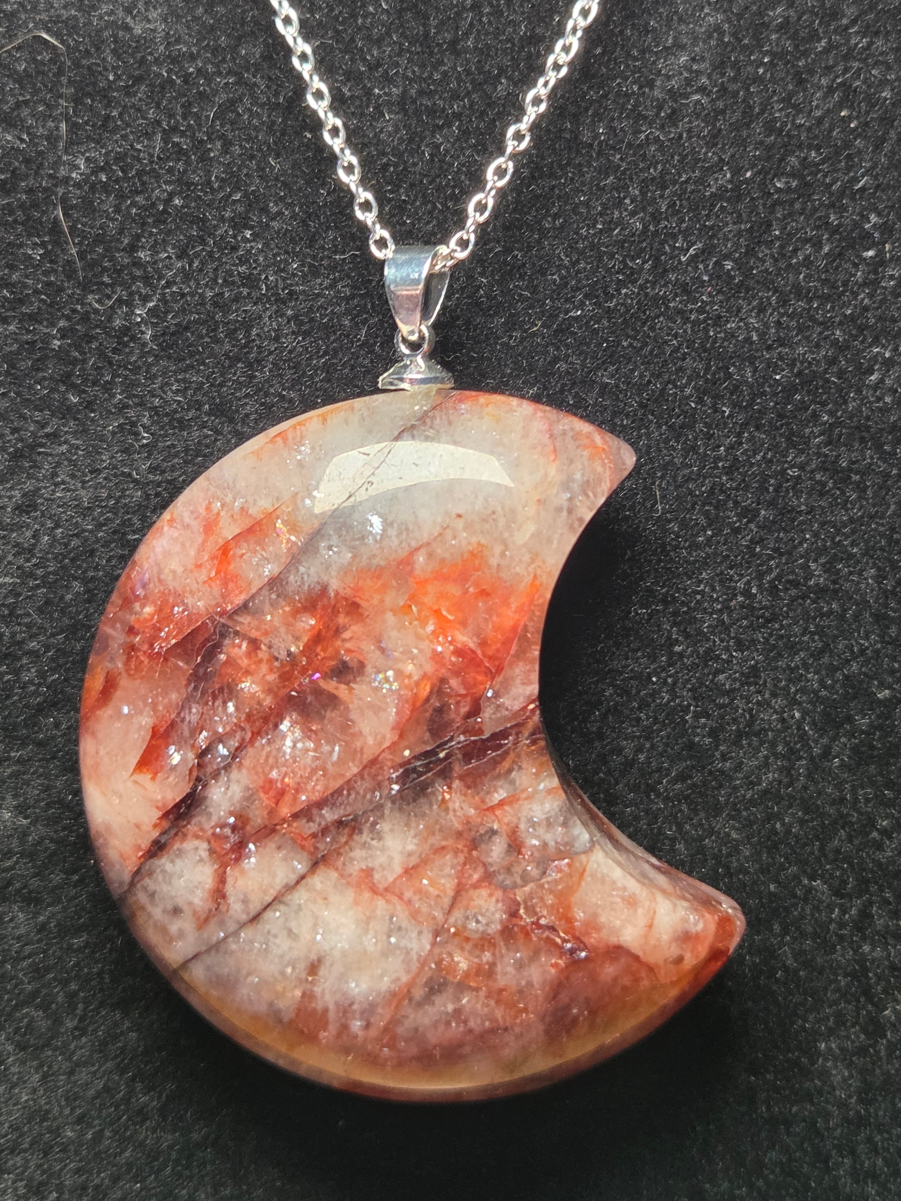 S925 Fire quartz crystal large  moon pendant