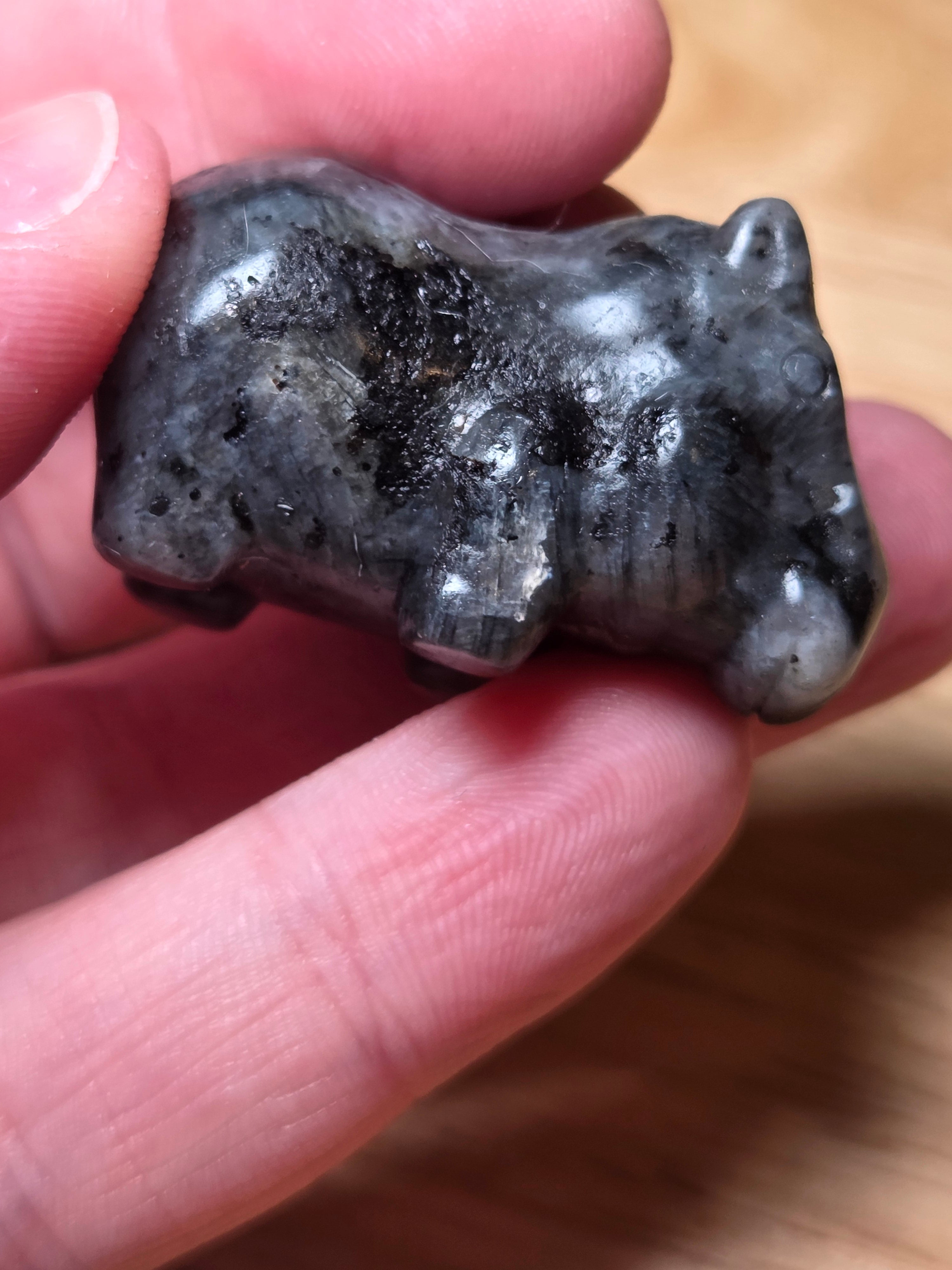 Larvakite small Hippo crystal carving