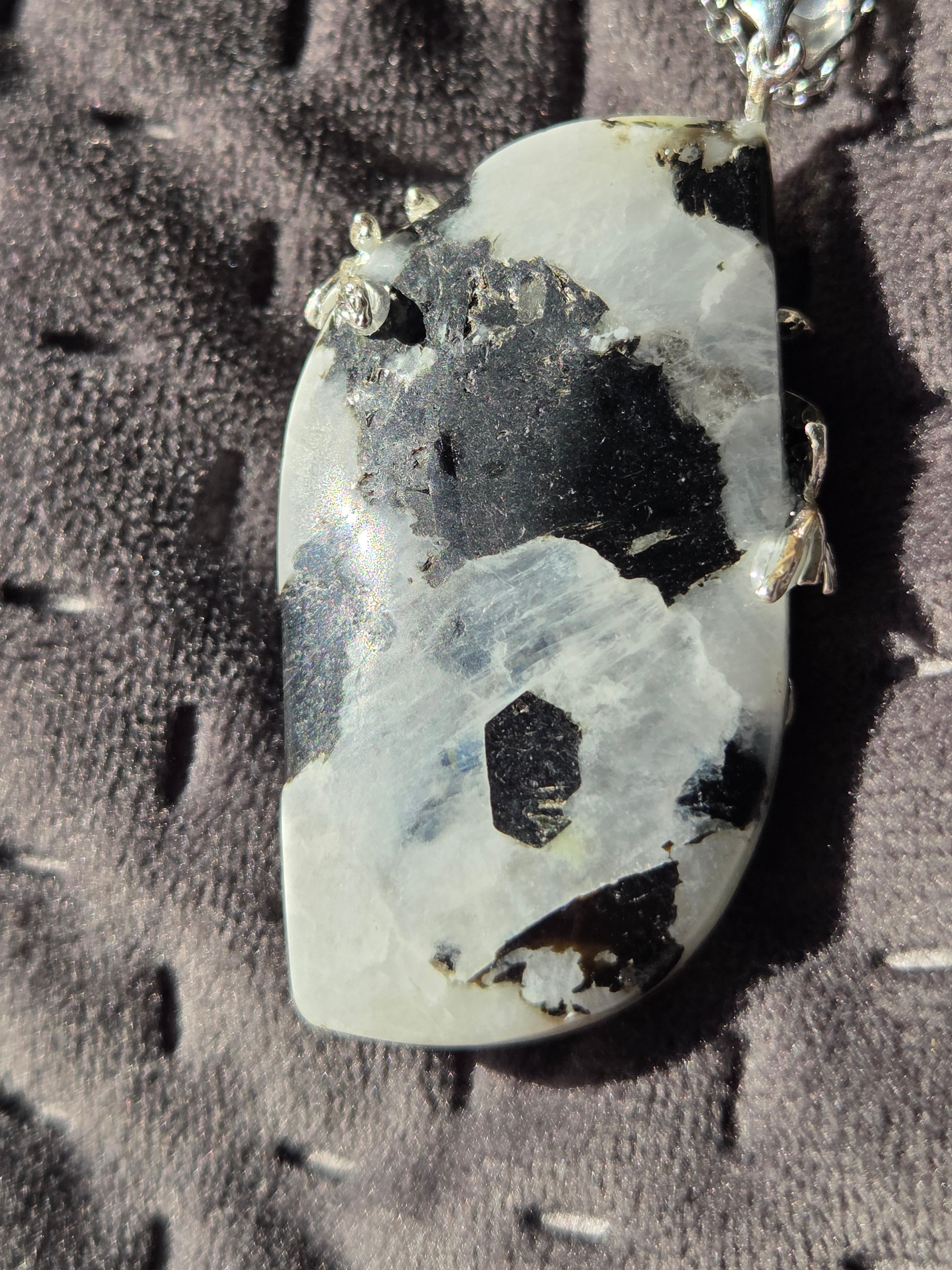 Large pendant rainbow moonstone crystal necklace