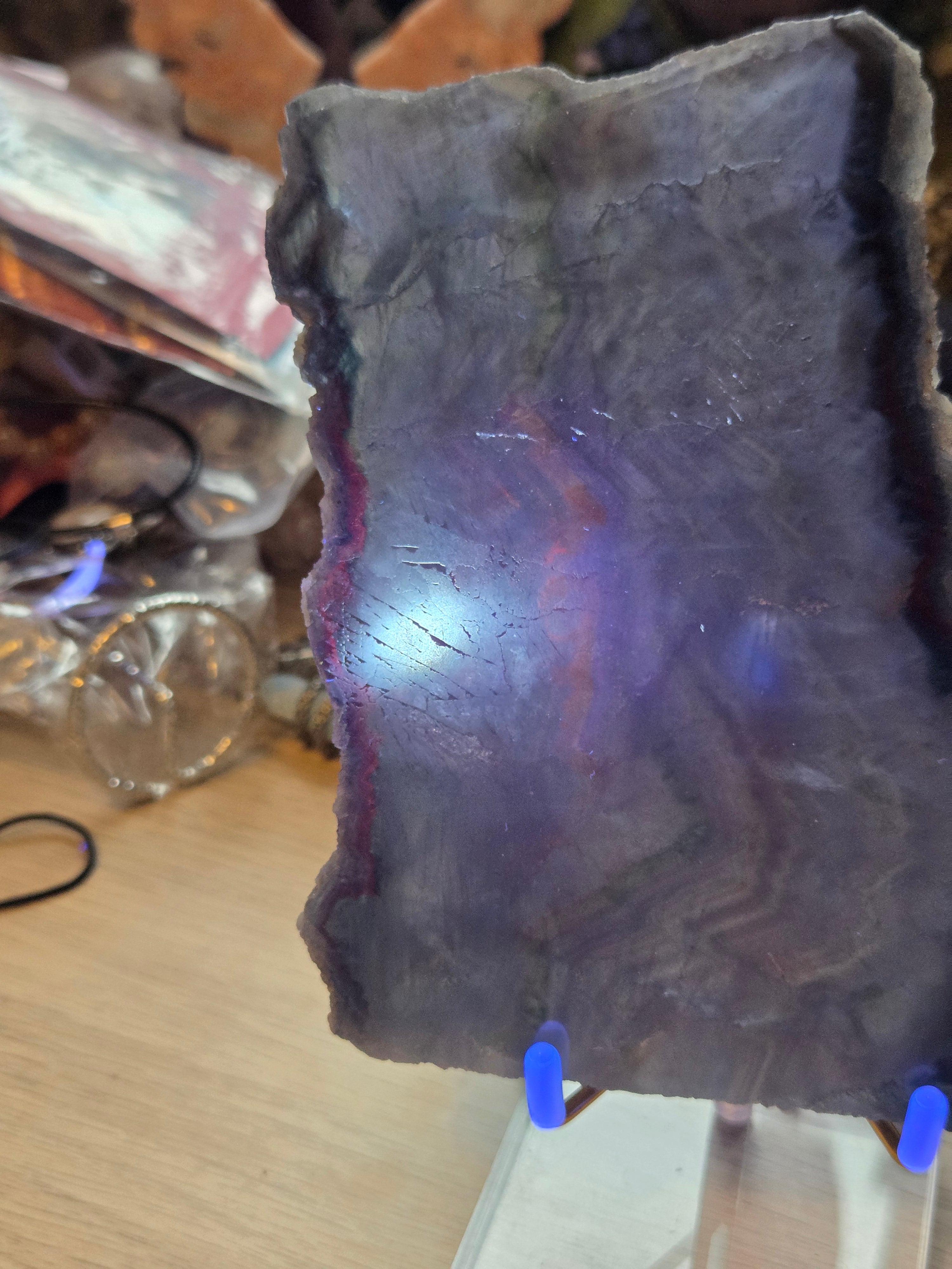 Blue flourite crystal slice with stand red UV reactive and sugar duzy