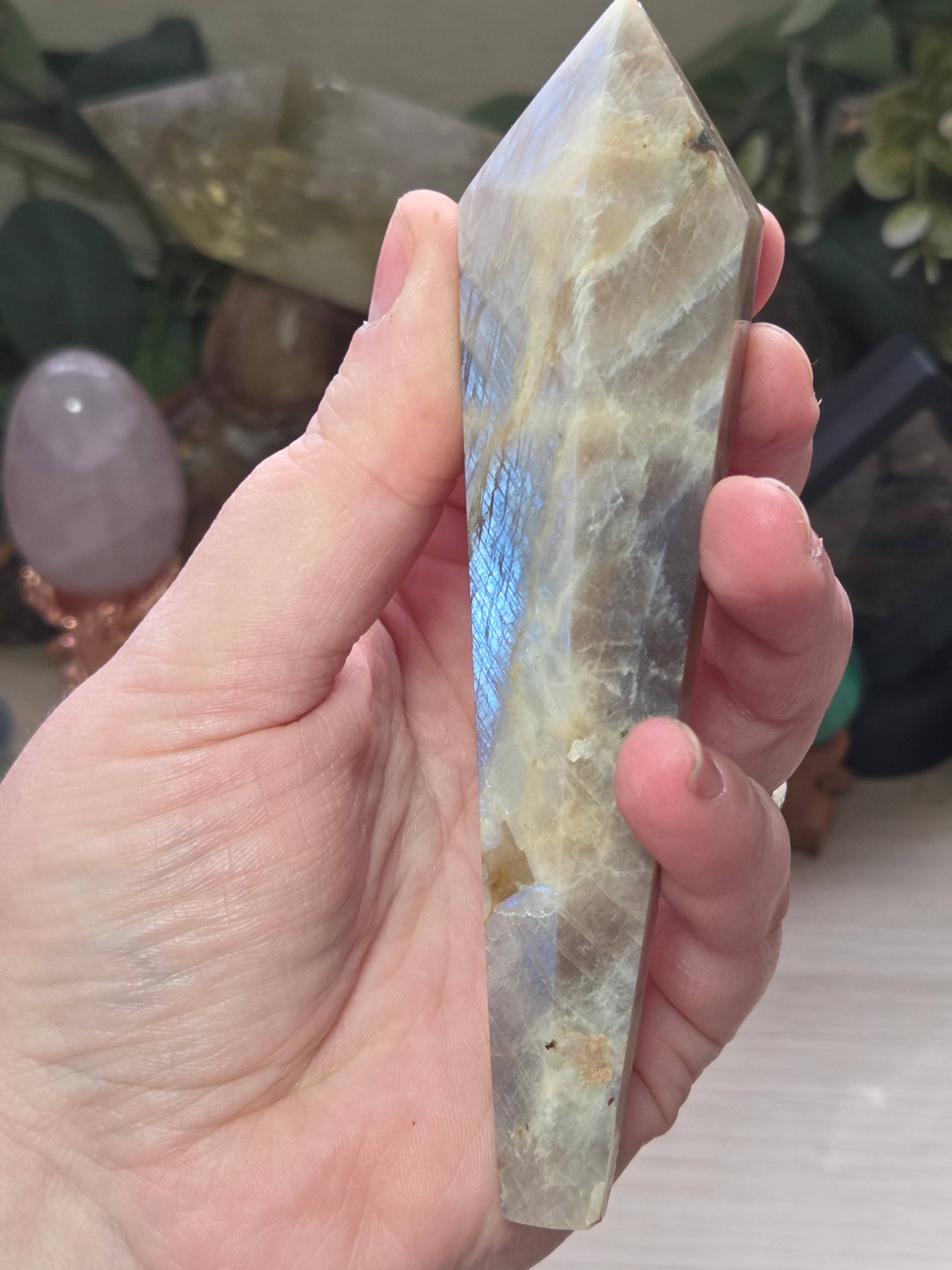 Rainbow moonstone and sunstone crystal wand carving with stand