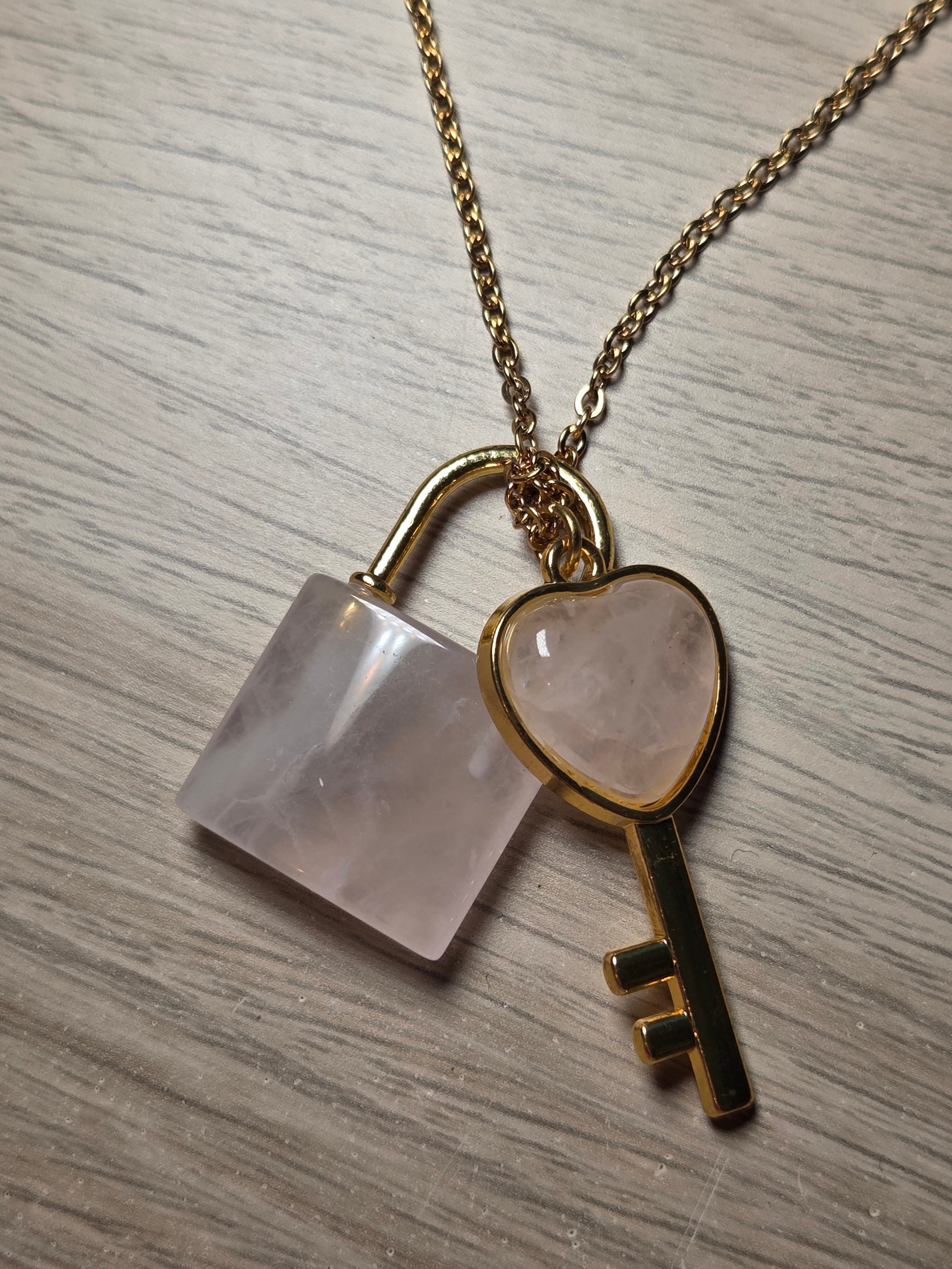 Rose quartz crystal key and log necklace