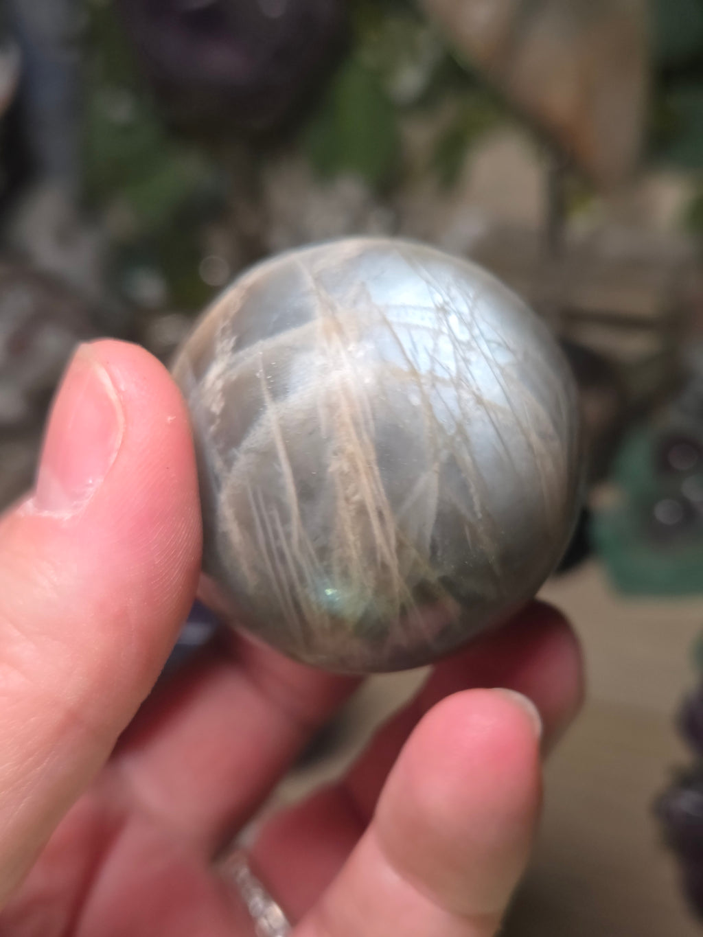 Black Moonstone and sunstone crystal sphere