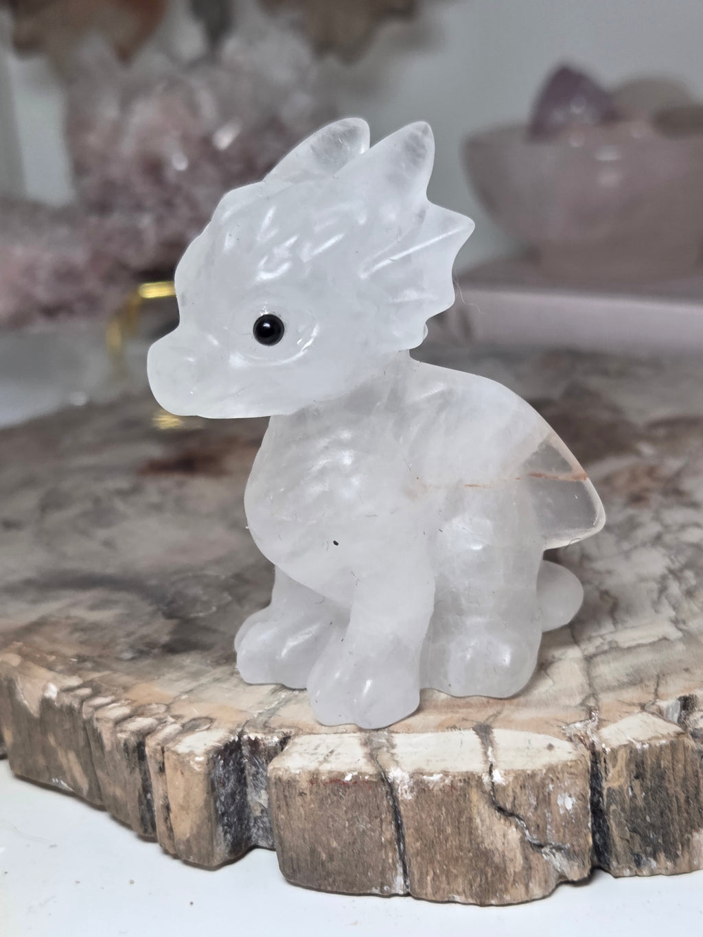 Clear quartz crystal dragon carving