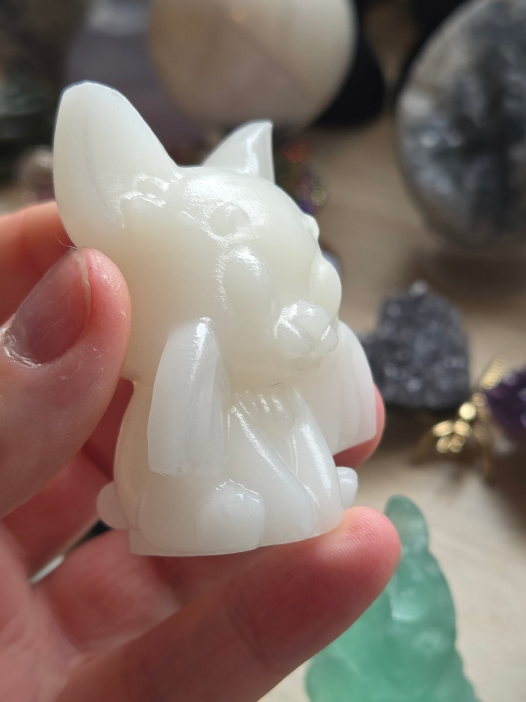 White jade crystal bat carving