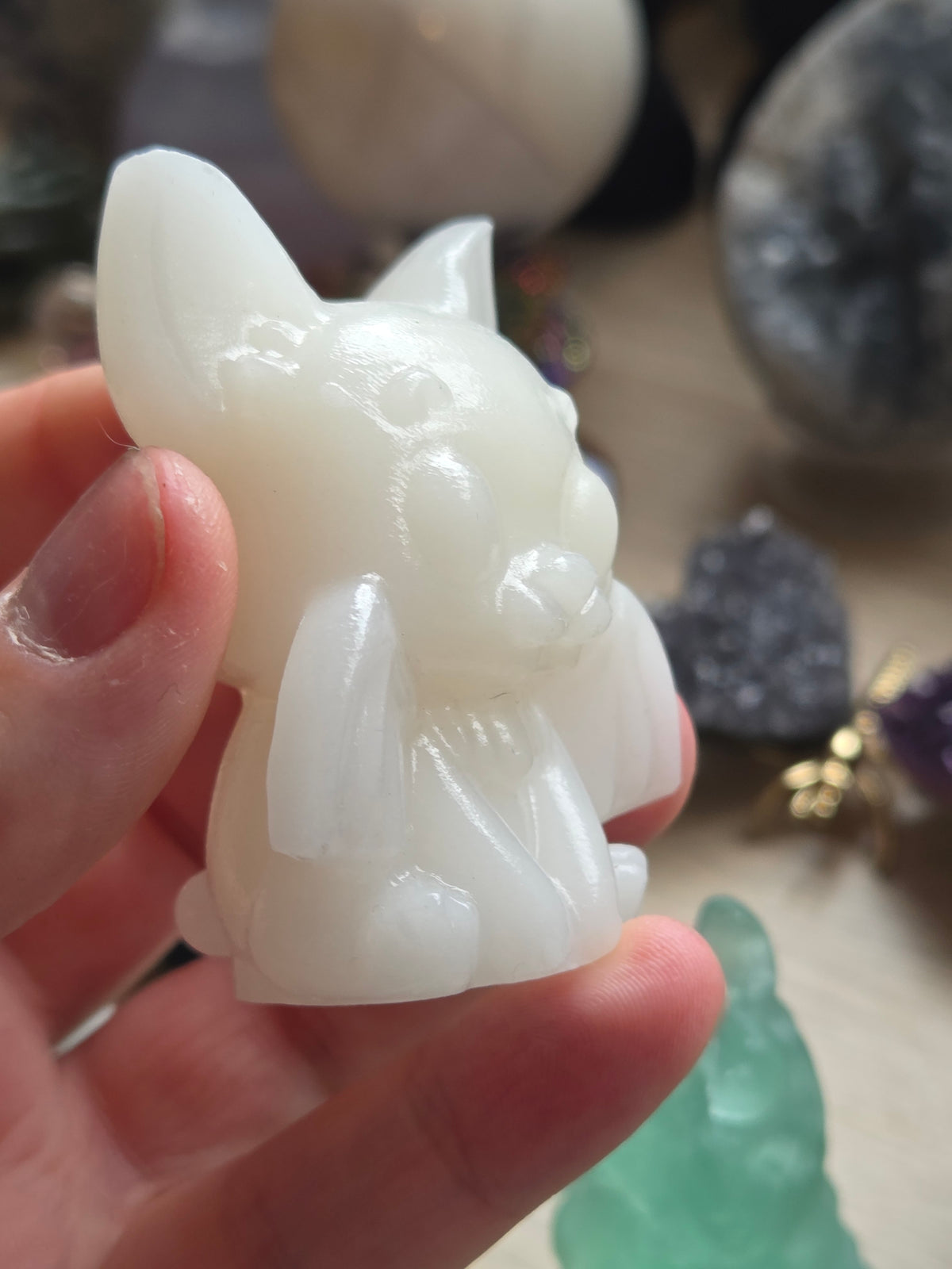 White jade crystal bat carving