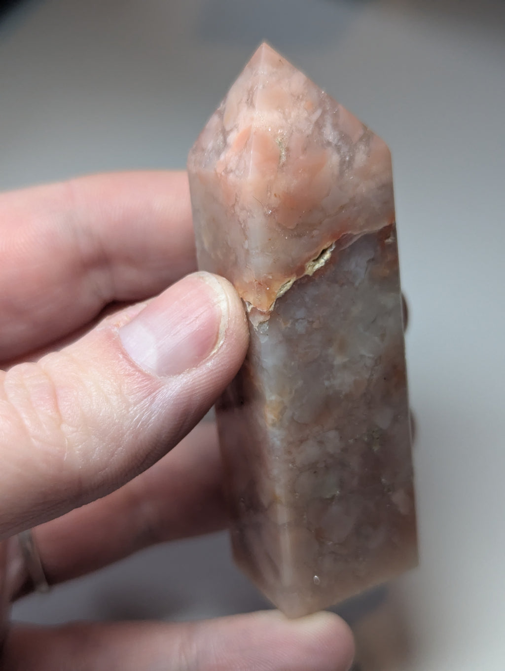 Cotton candy pink agate crystal tower with imperfections