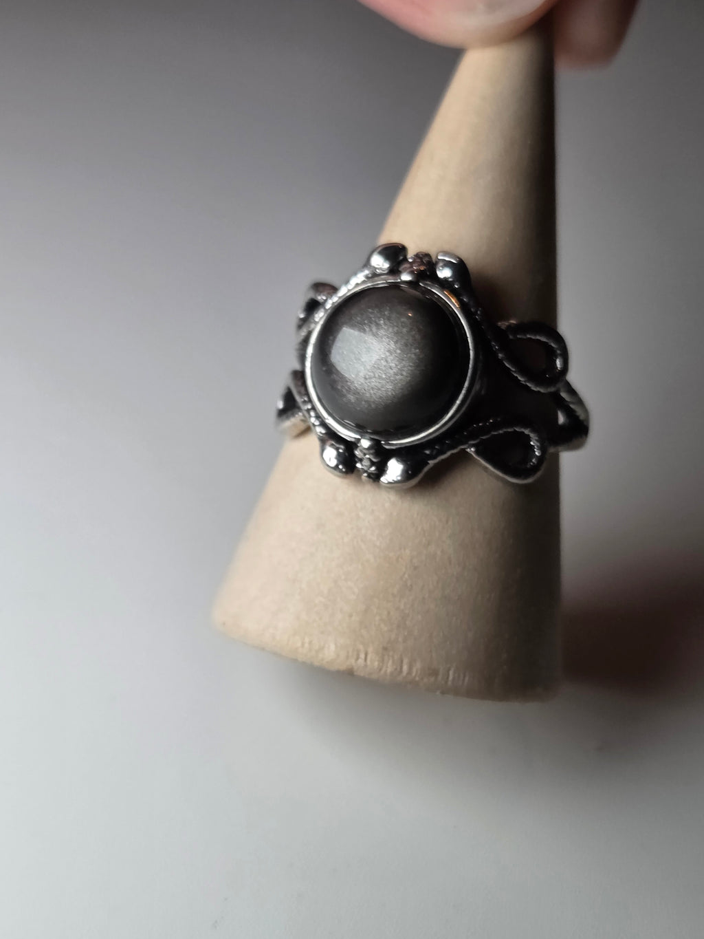 Silver sheen obsidian crystal adjustable ring
