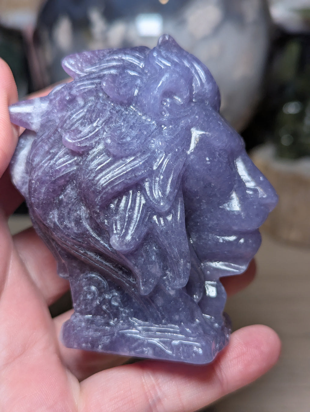 Lepidolite crystal large lion carving