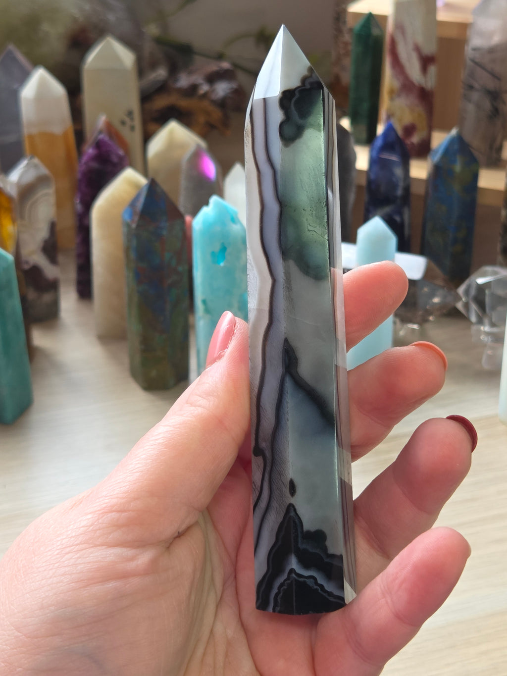 13cm black agate crystal  tower