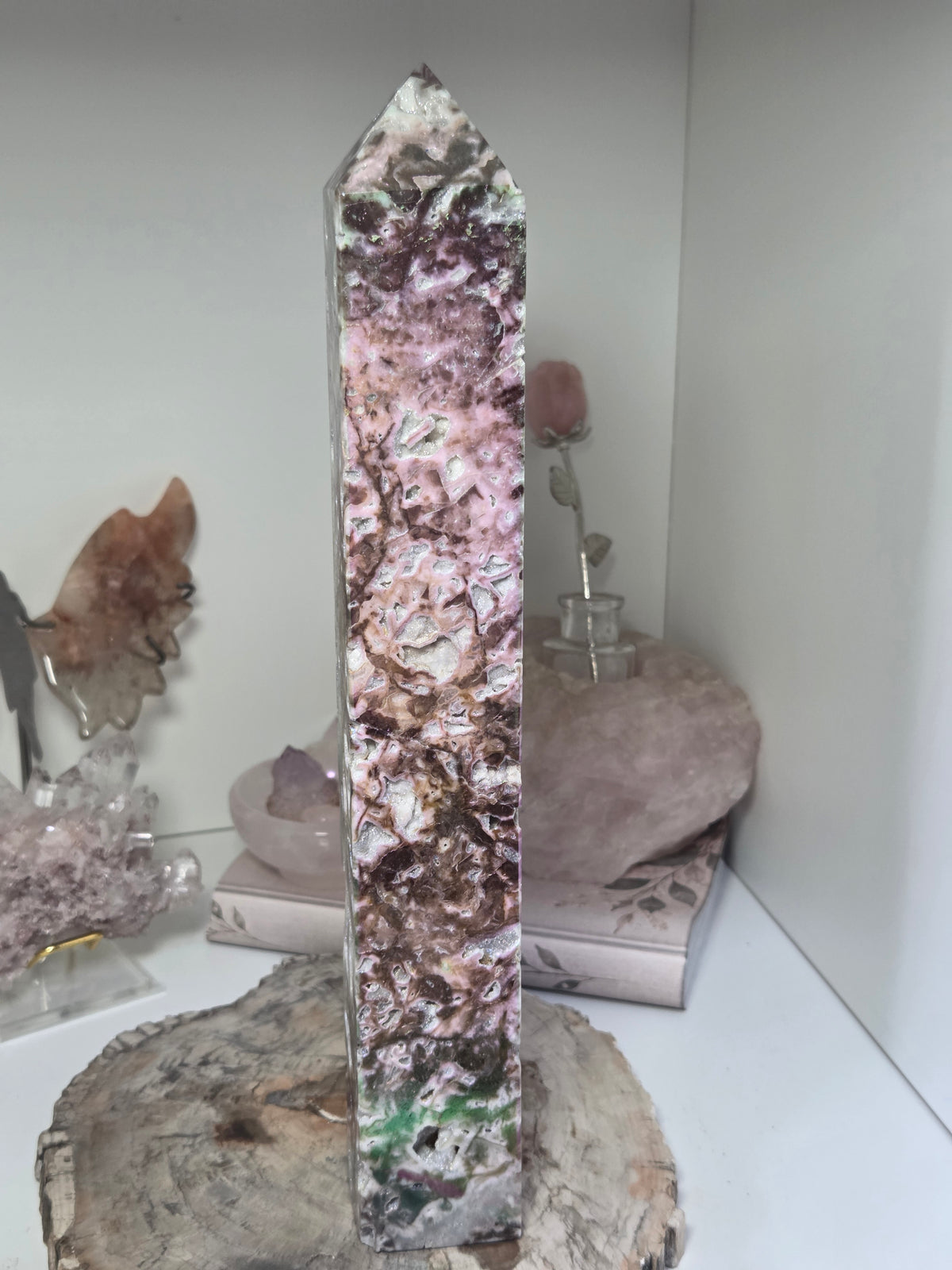 Aura coated Sphelerite crystal tower carving